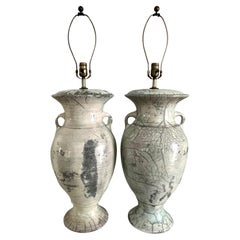 Vintage Pair of Japanese Fired Raku Pottery Glazed Urn Table Lamps