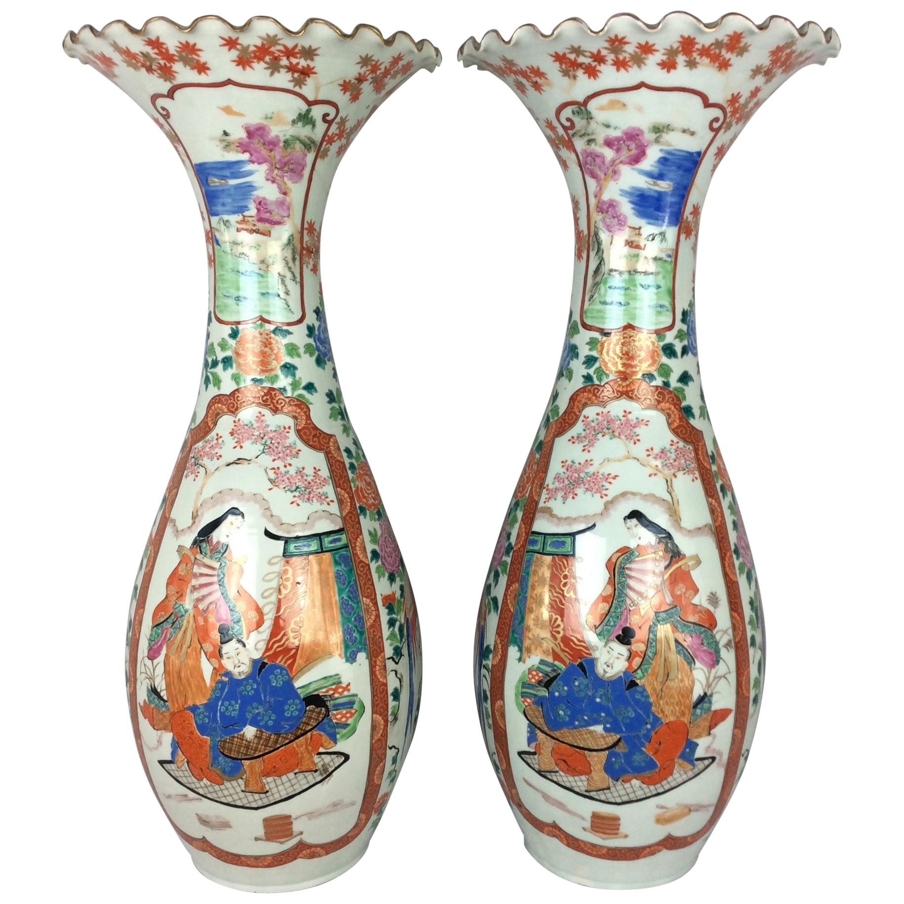 Pair of Large Japanese Imari Porcelain Floriform Trumpet Floor Vases, circa 1900