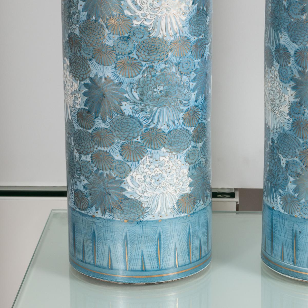 Meiji Pair of Japanese Flower Motif Ceramic Table Lamps For Sale