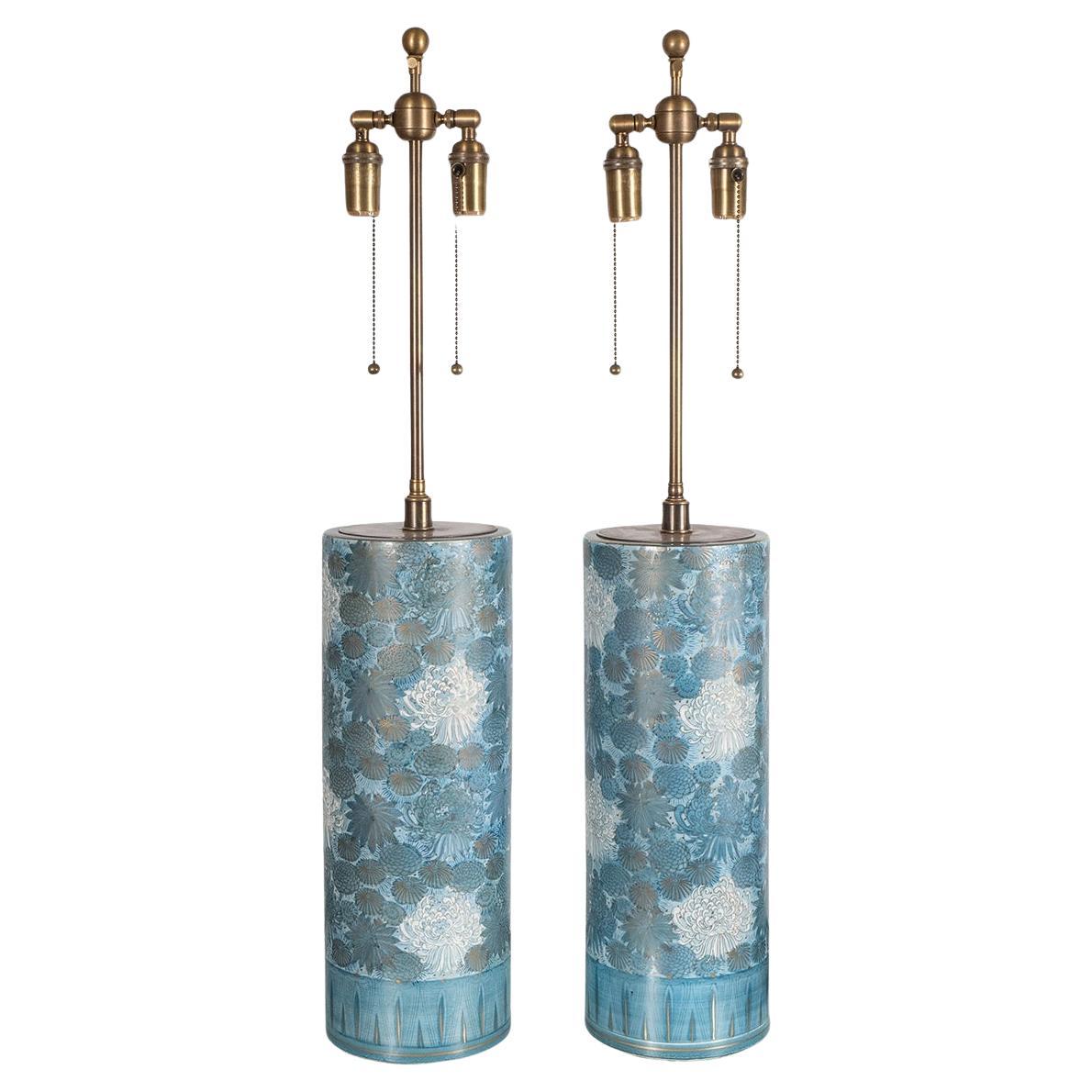 Pair of Japanese Flower Motif Ceramic Table Lamps For Sale