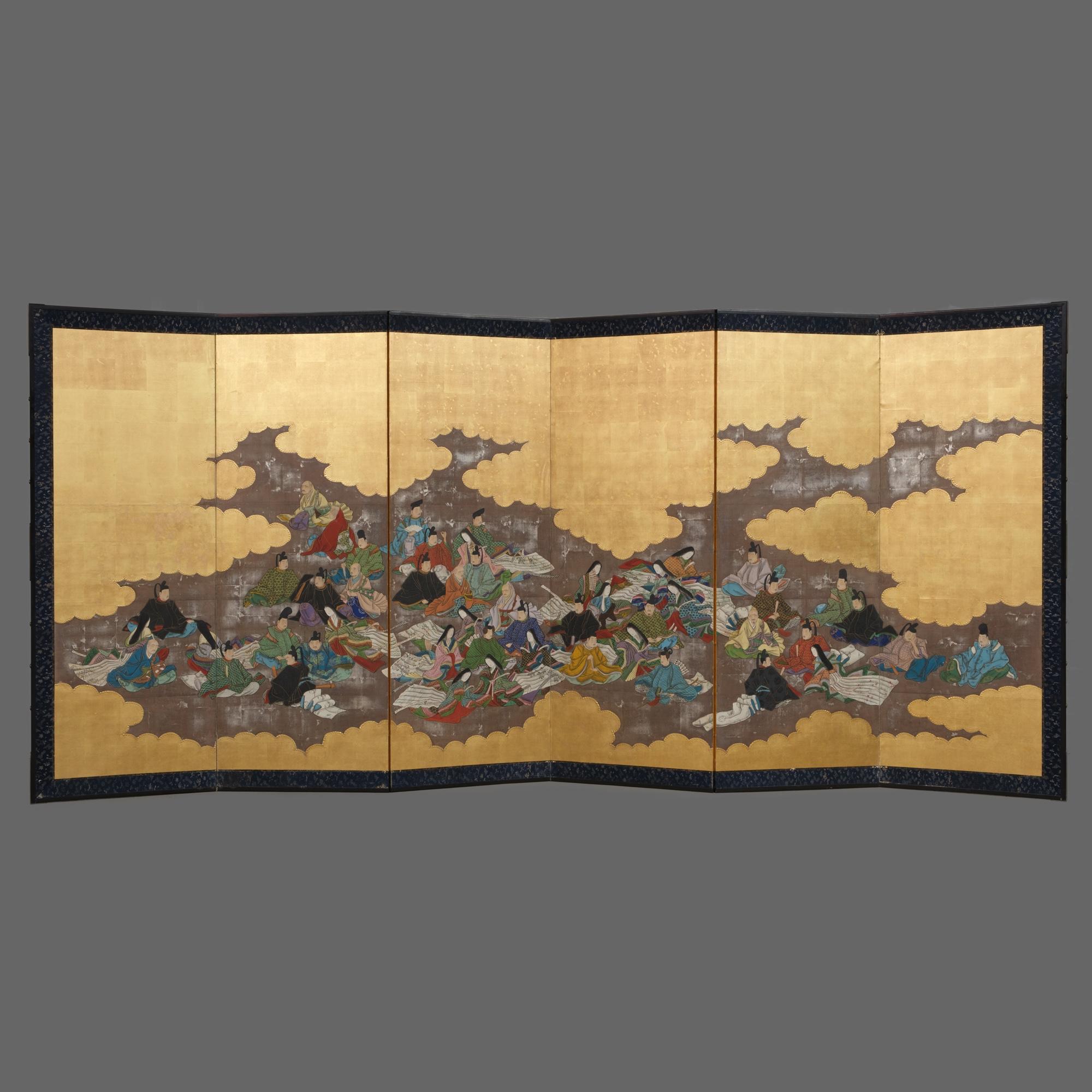 A magnificent pair of large six-panel byôbu (folding screens) with a detailed painting on gold- and silver leaf of a large group of noblemen, officials, monks and warriors accompanied by many beautiful women in traditional Heian attire.
It is themed