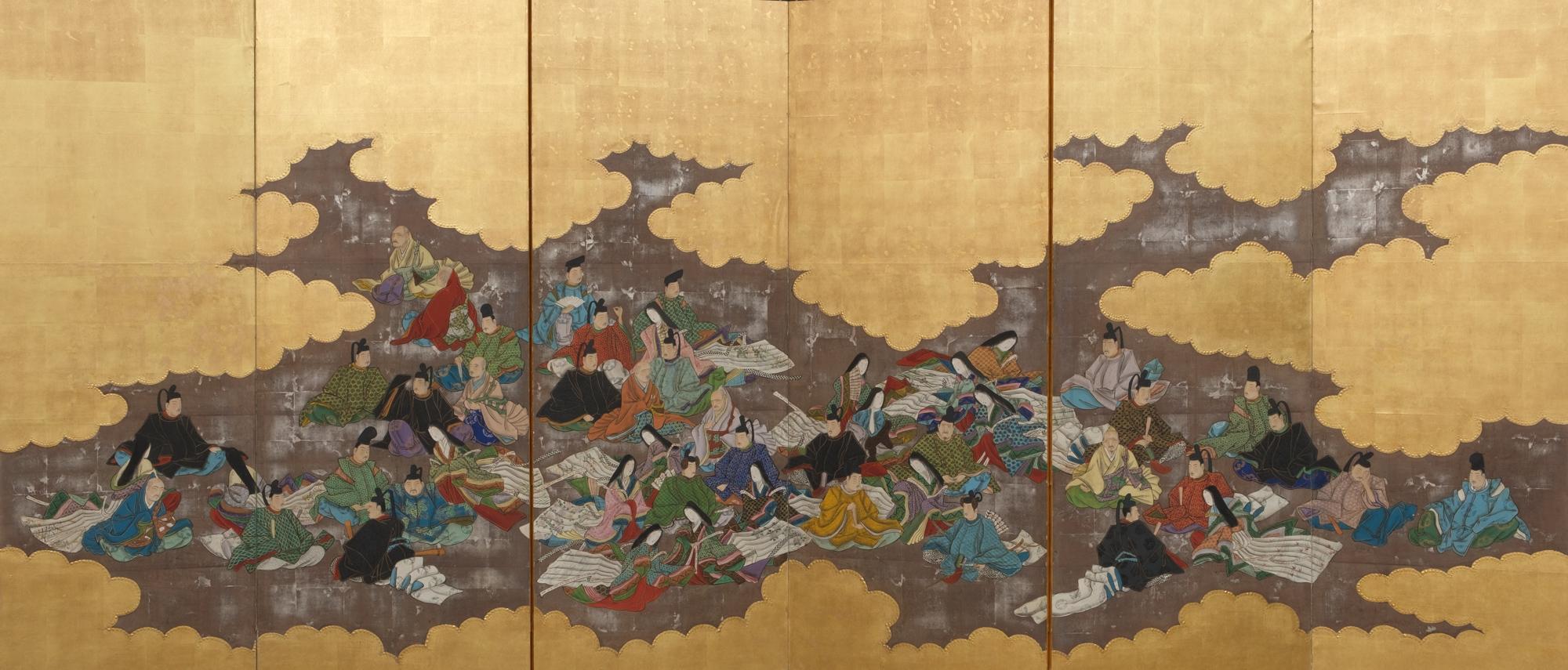 Hand-Painted Pair of Japanese folding screens (byôbu) of poets from ‘Hyakunin isshu’ 百人一首