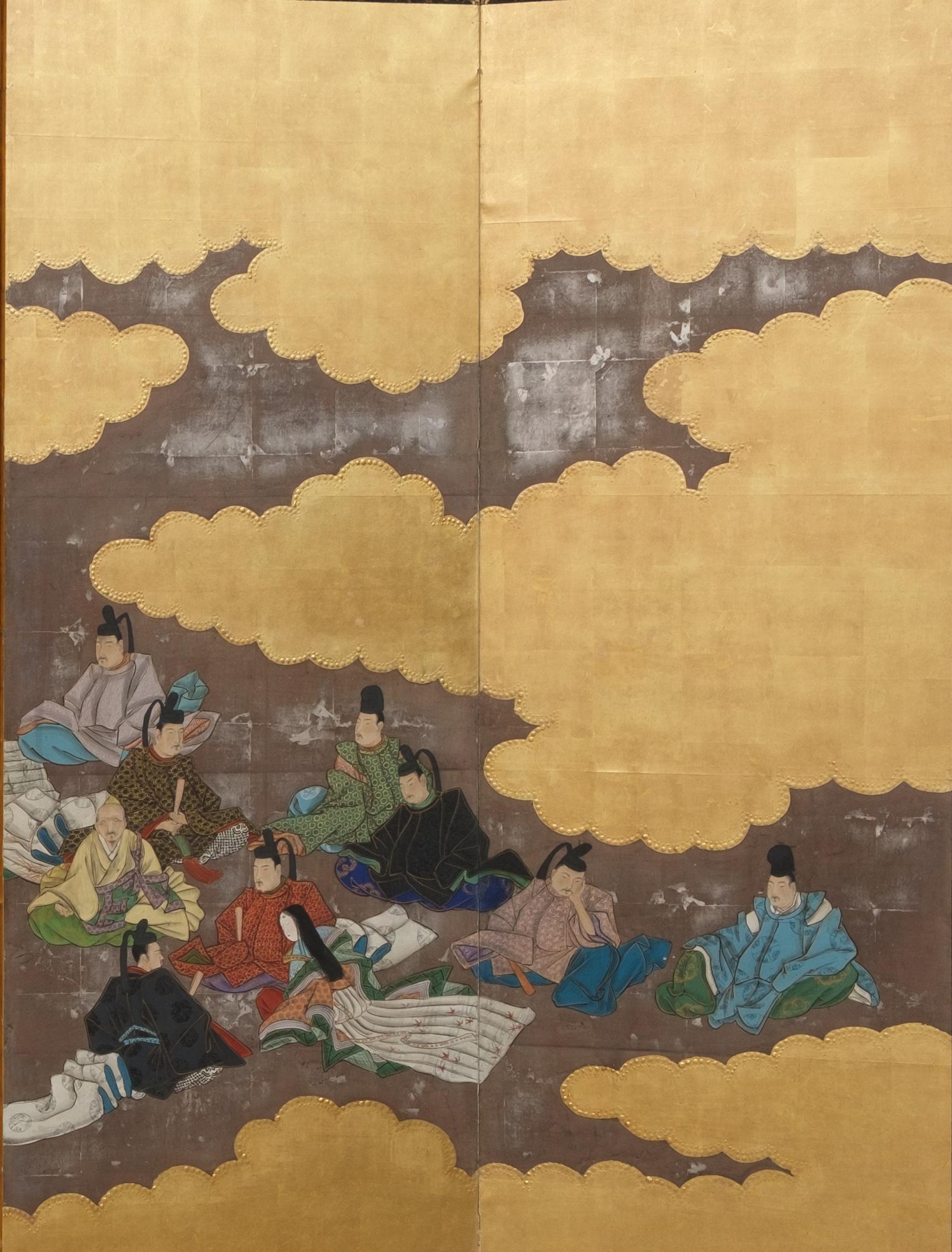 Silk Pair of Japanese folding screens (byôbu) of poets from ‘Hyakunin isshu’ 百人一首