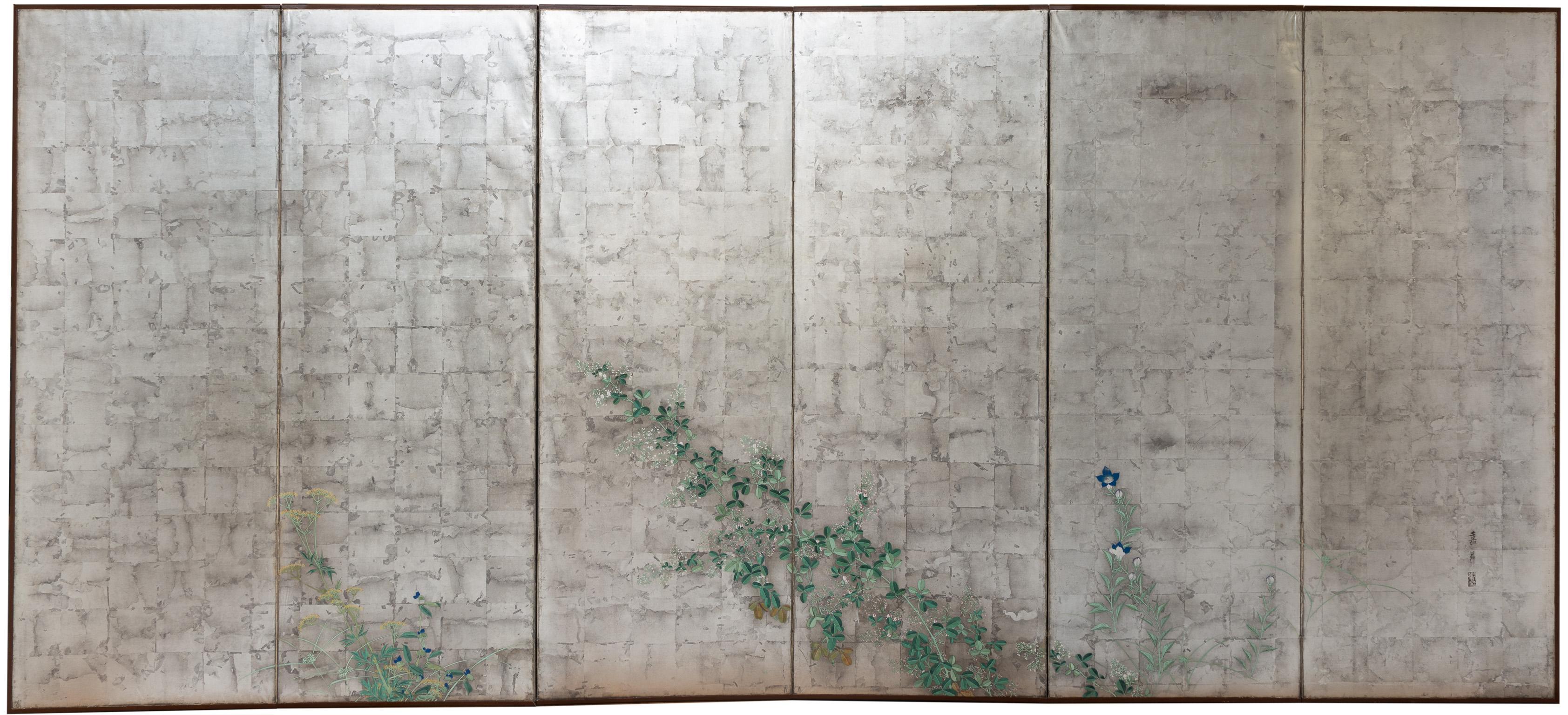 A pair of six-panel screen with a silver ground, decorated with the “Seven kinds of grass of Autumn” (