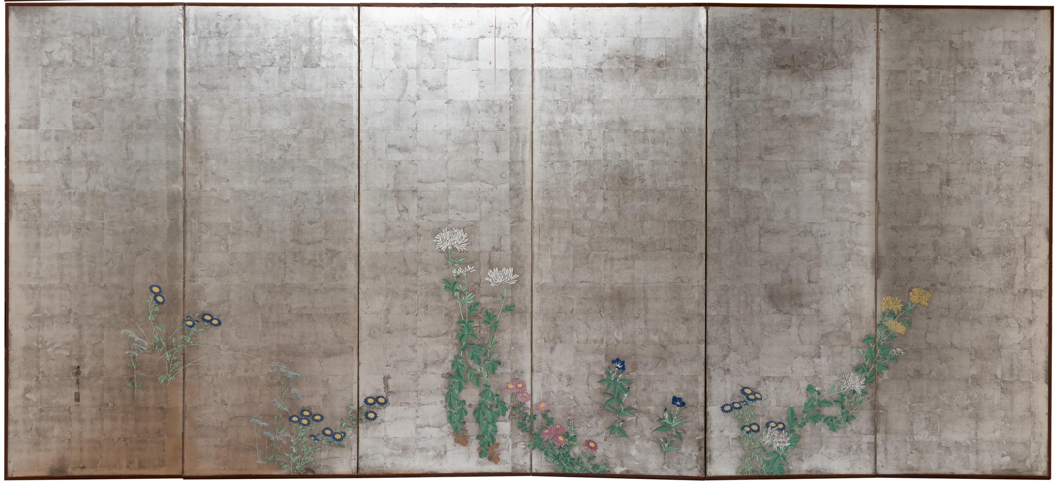 Painted Pair of Japanese Folding Screens, Rinpa School, 19th Century