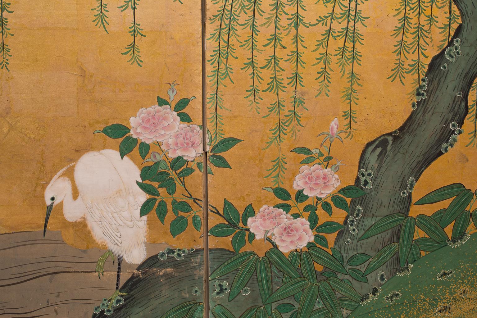 Painted Pair of Japanese Folding Screens with Cranes, Kanō School, 19th Century