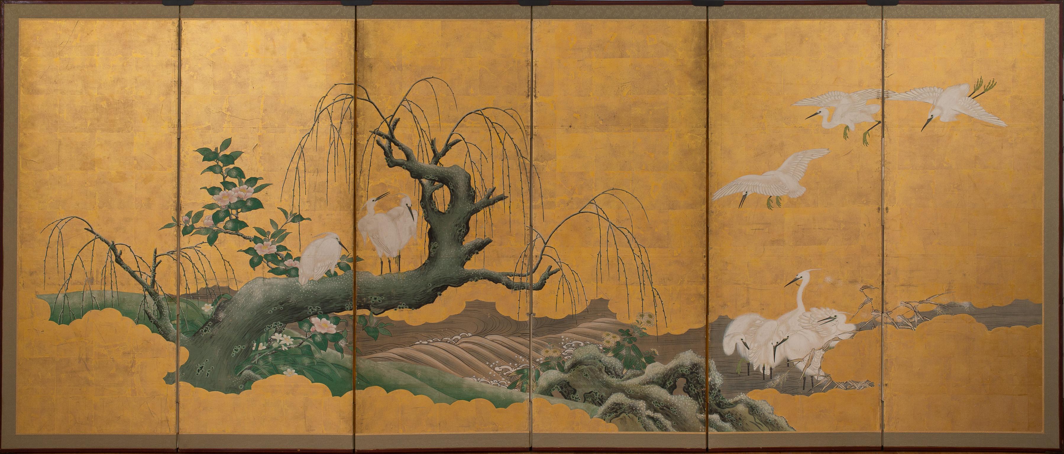 Pair of Japanese Folding Screens with Cranes, Kanō School, 19th Century 2