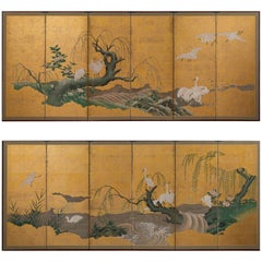 Pair of Japanese Folding Screens with Cranes, Kanō School, 19th Century