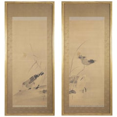 Pair of Japanese Framed Scrolls with Lotus, White Heron and Duck Decoration