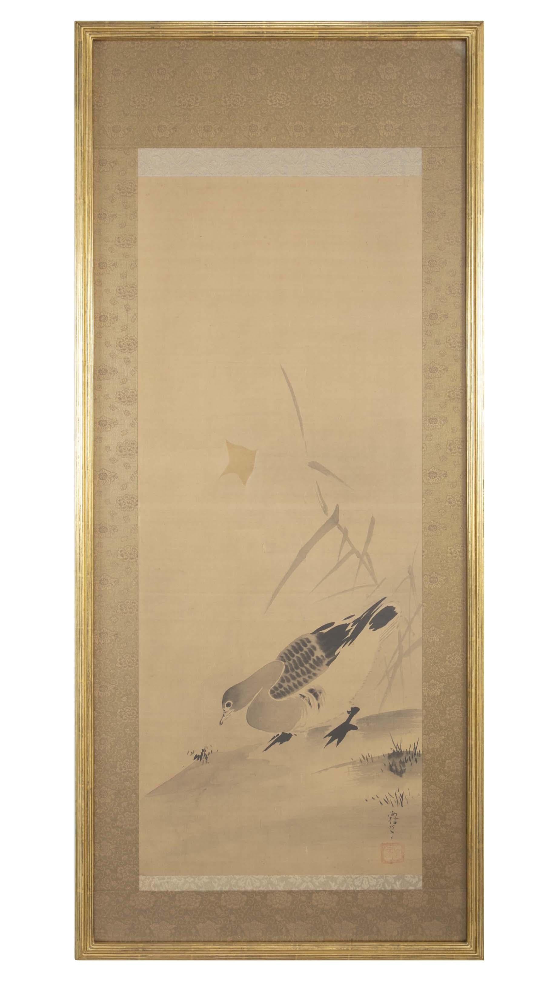 Pair of 19th century Japanese scrolls in frames with lotus, white heron circle of Kano Naonobu (Japan, 1607-1660) and duck beside a pond.
