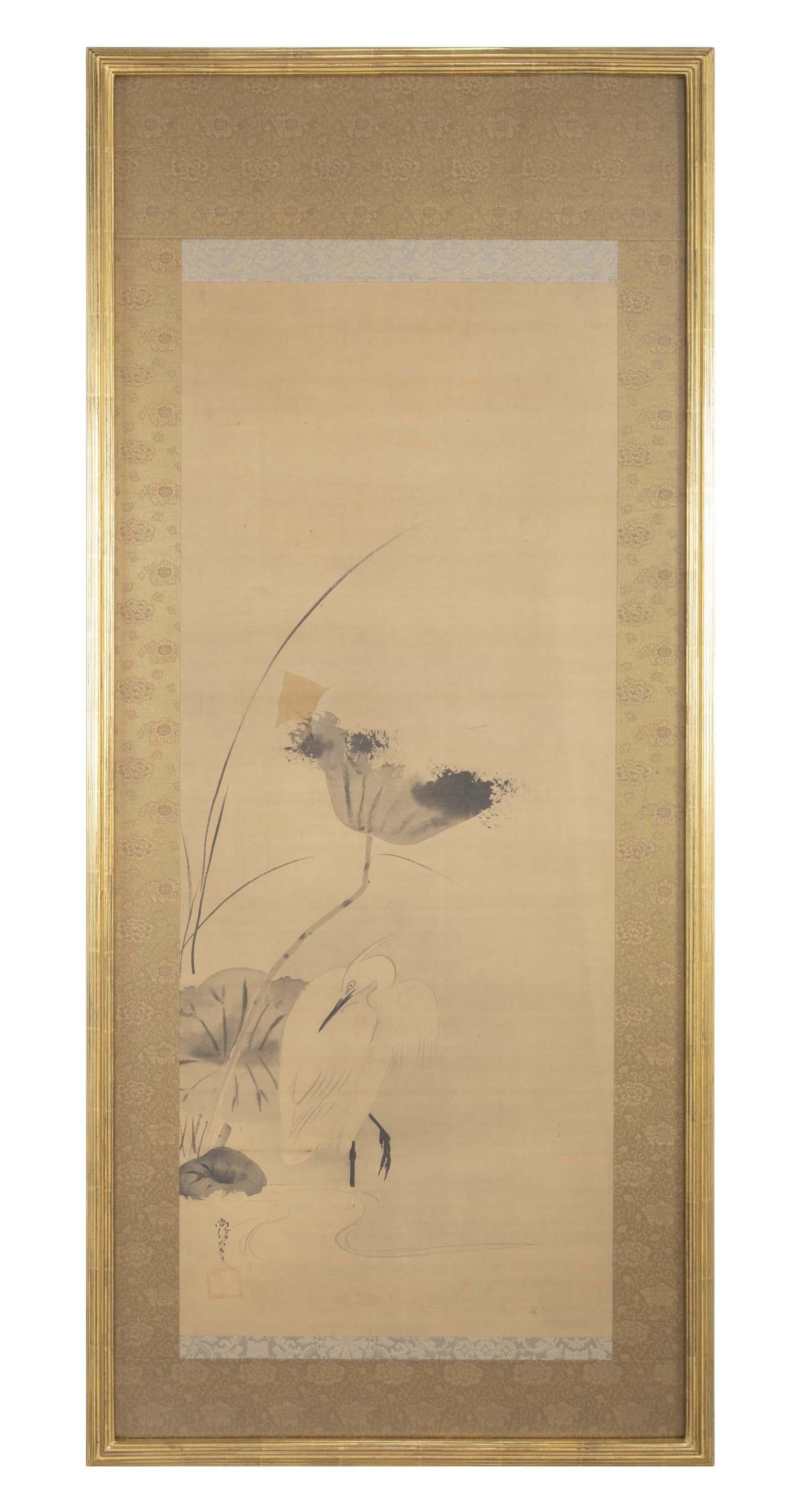 Pair of Japanese Framed Scrolls with Lotus, White Heron and Duck Decoration For Sale 3