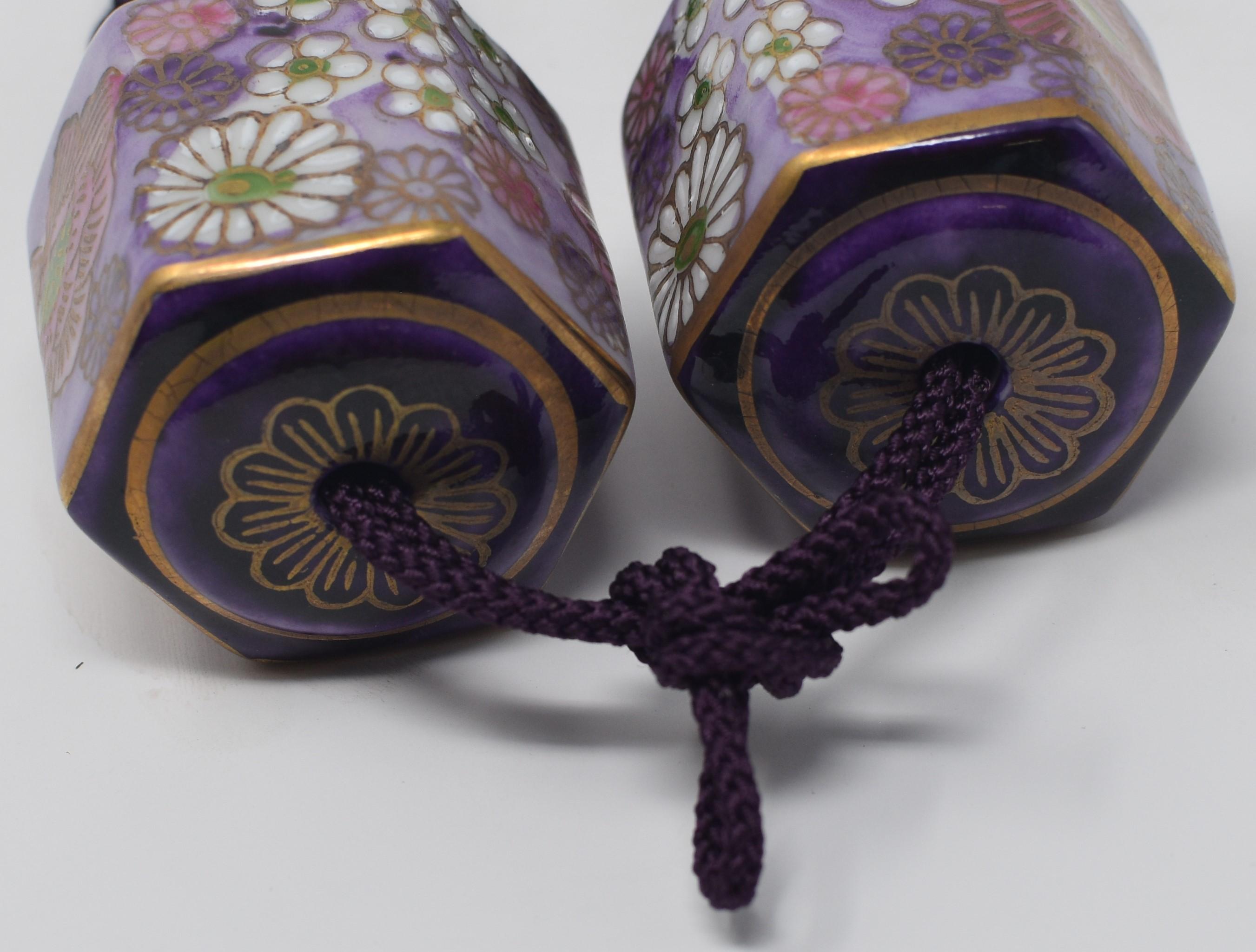 Hand-Painted Pair of Japanese Gold Purple Blue Porcelain Scroll Weight