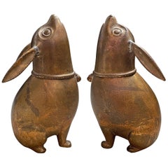 Pair of Japanese Gilt Bronze Rabbit Koro 'Incense Burners'
