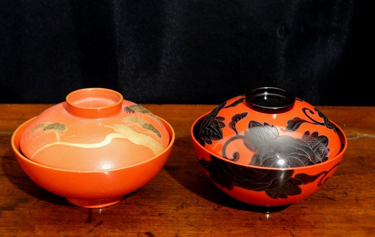 Pair of Japanese Gilt Lidded Rice Lacquer Bowls For Sale at 1stDibs