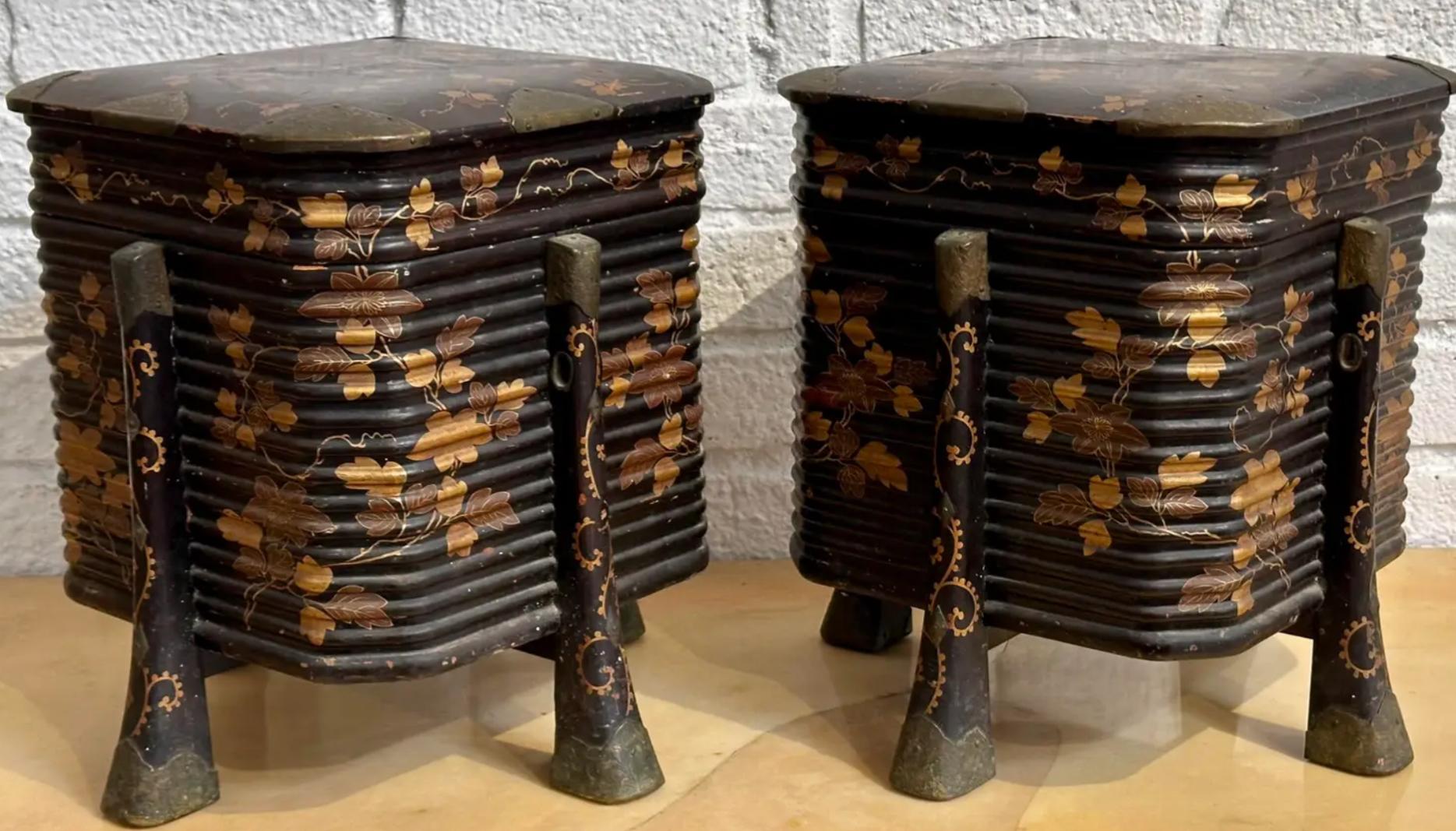 Pair of Japanese Gilt-Metal Mounted, Black & Gold Lacquer Karabitsu Boxes For Sale 1