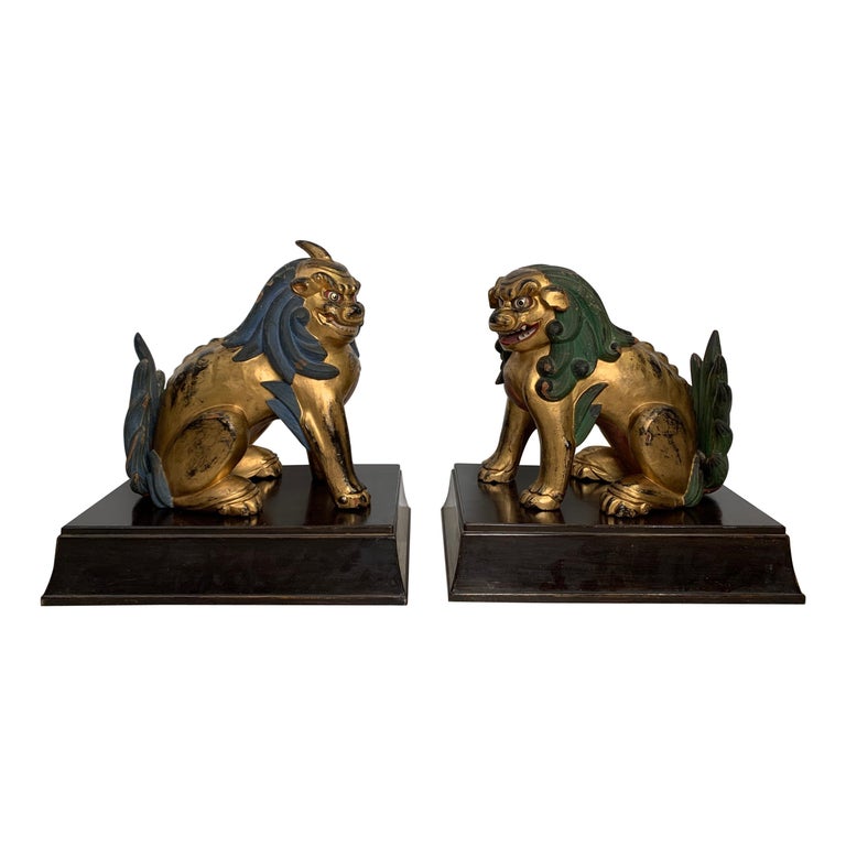 Pair of Japanese Gilt Wood Komainu, Guardian Lions, Early 20th Century