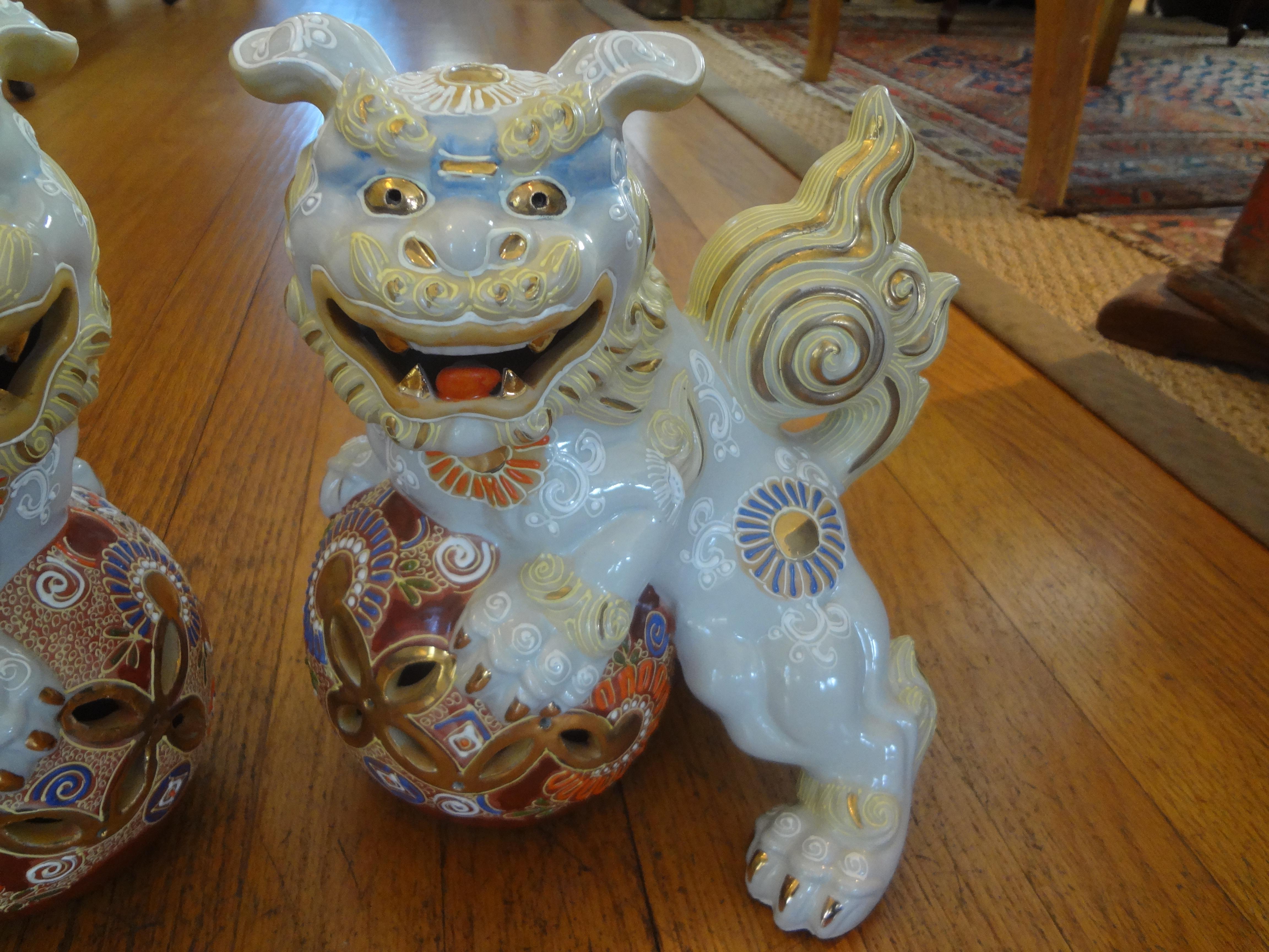 Pair of Japanese Glazed Porcelain Foo Dogs In Good Condition In Houston, TX