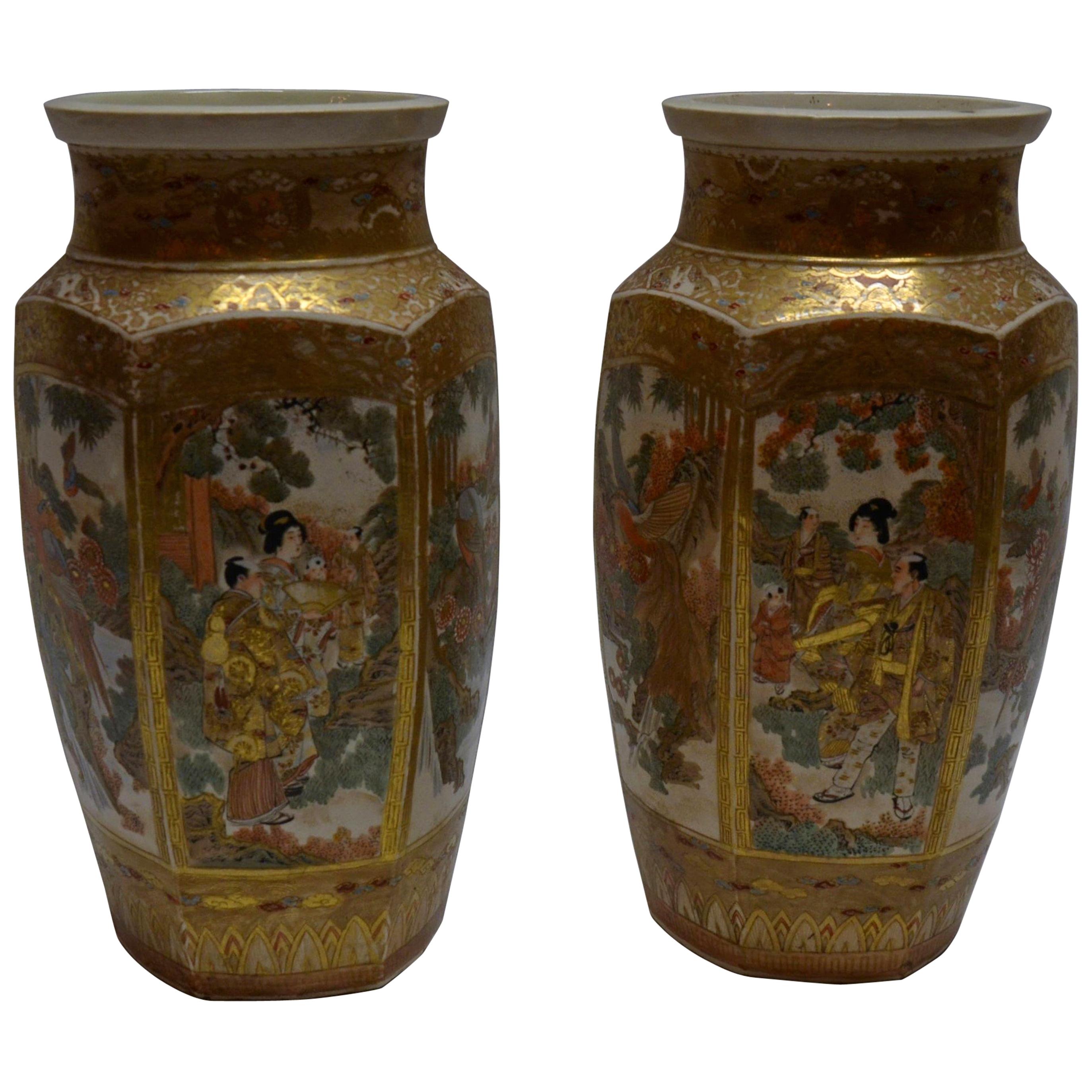 Pair of Japanese Gold and Multicolored Satsuma Porcelain Vases, circa 1890