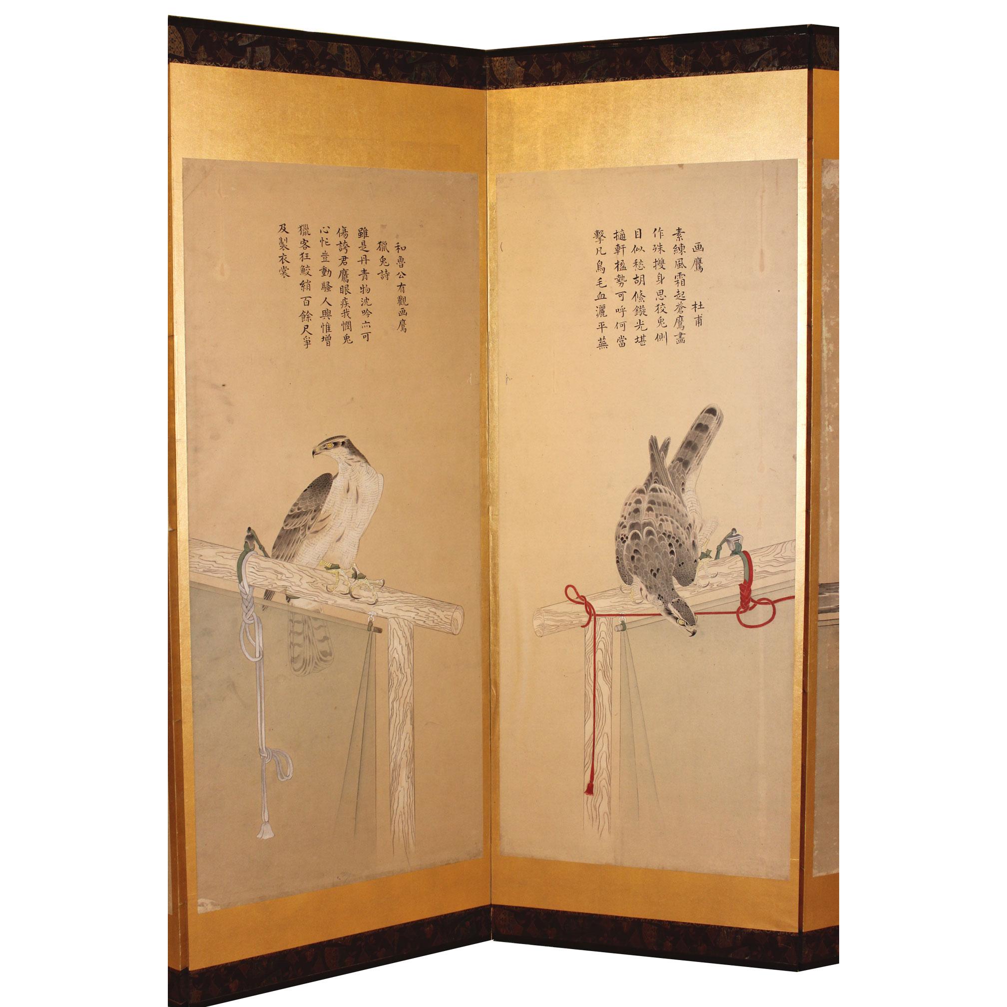 Late 19th Century Pair of Japanese Gold Hawk Screens For Sale