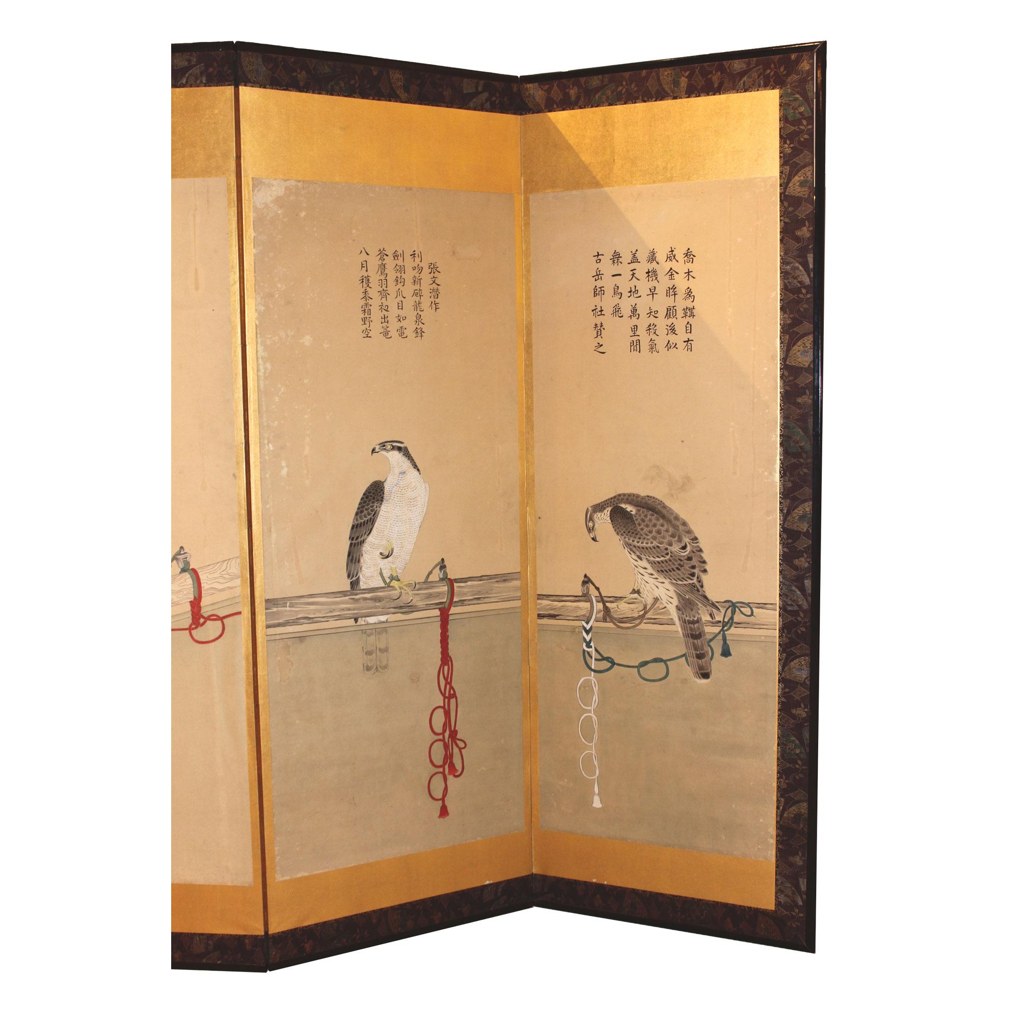Paper Pair of Japanese Gold Hawk Screens For Sale