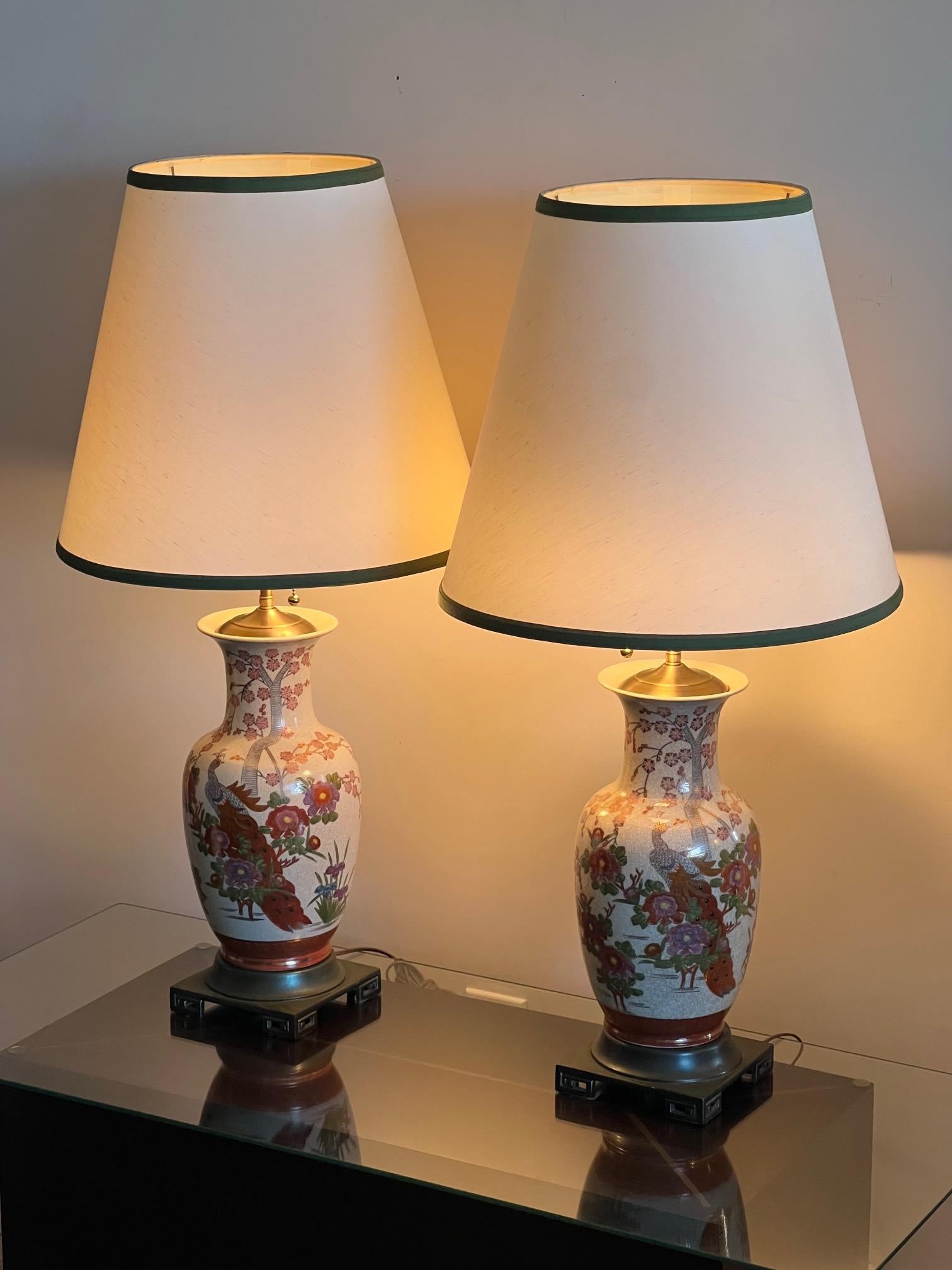 Ceramic Pair of Japanese Hand Painted Lamps For Sale