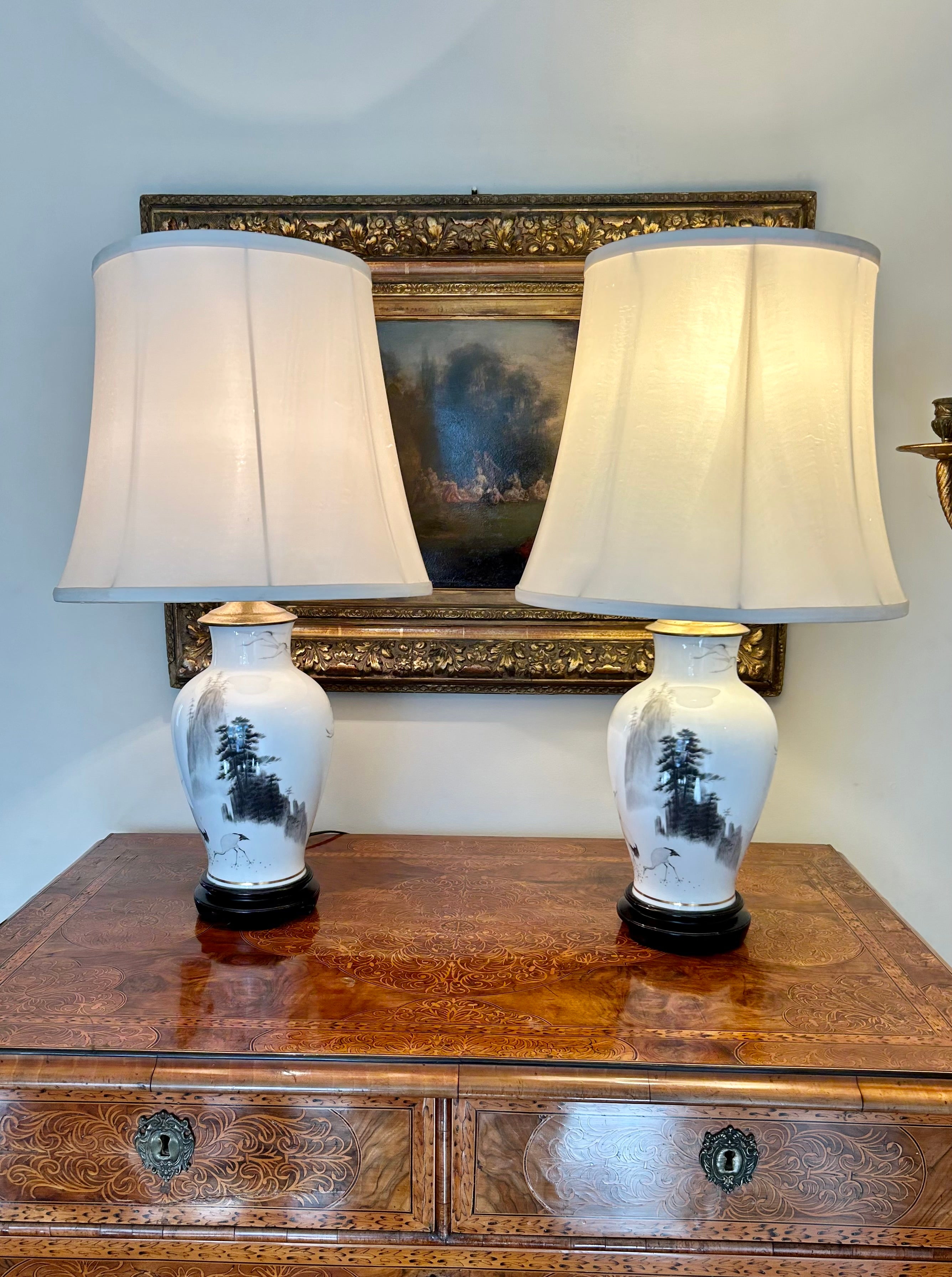 This is a wonderful pair of vintage Okura porcelain lamps with original silk shades. Issued by the  Franklin Mint in 1981,  