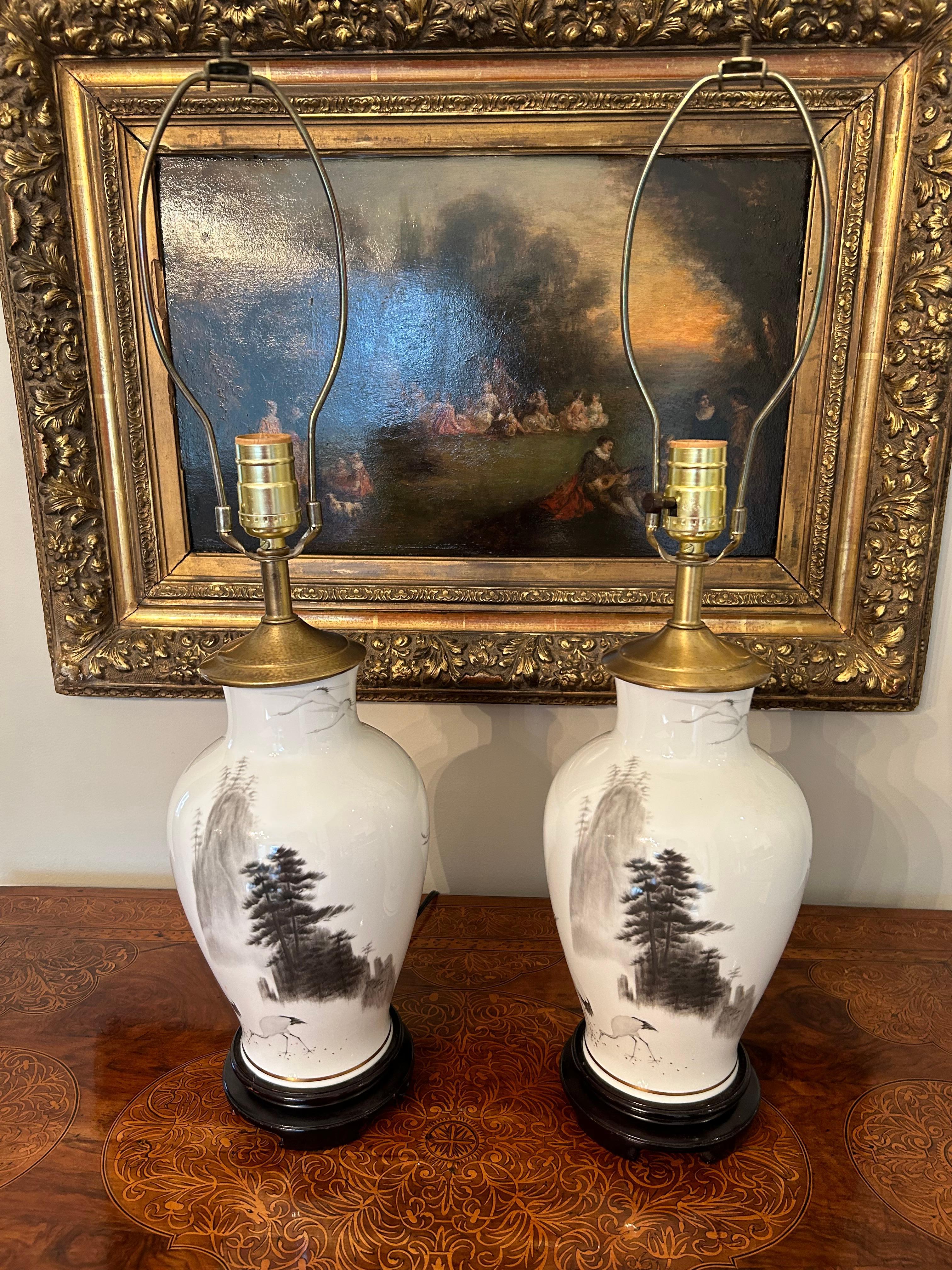 Japonisme Pair of Japanese Hand Painted Porcelain Lamps