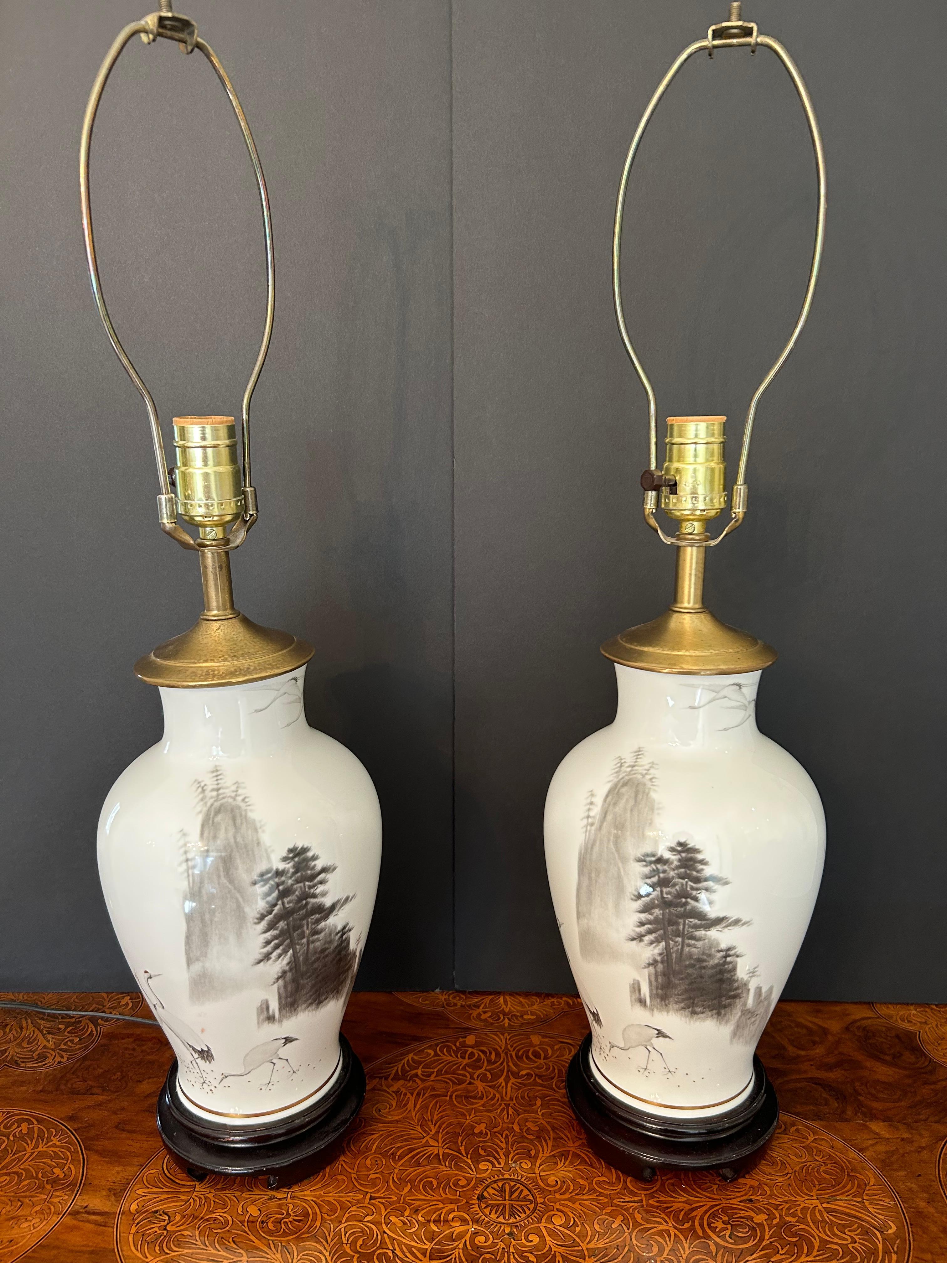 Pair of Japanese Hand Painted Porcelain Lamps 2