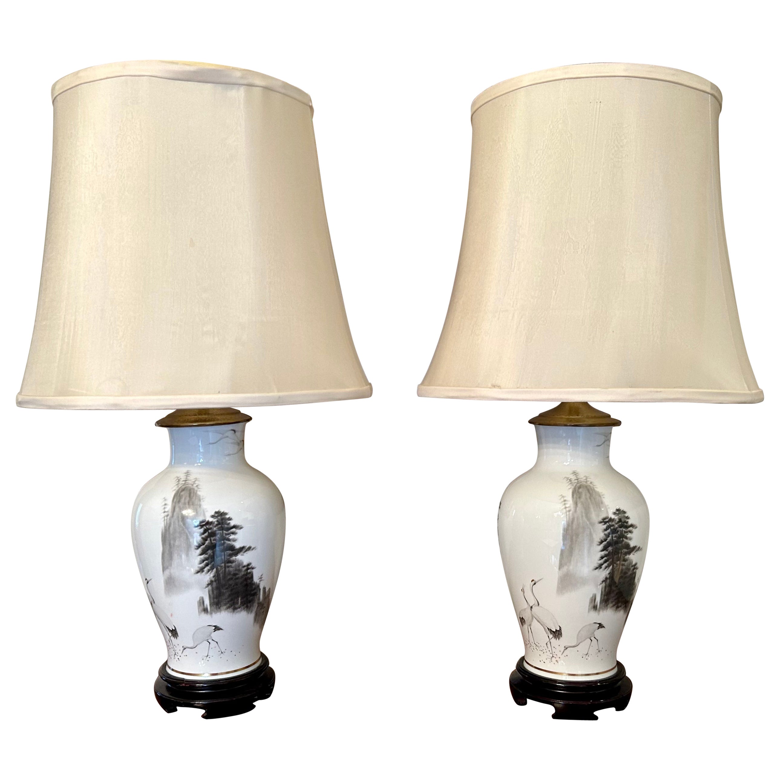 Pair of Japanese Hand Painted Porcelain Lamps