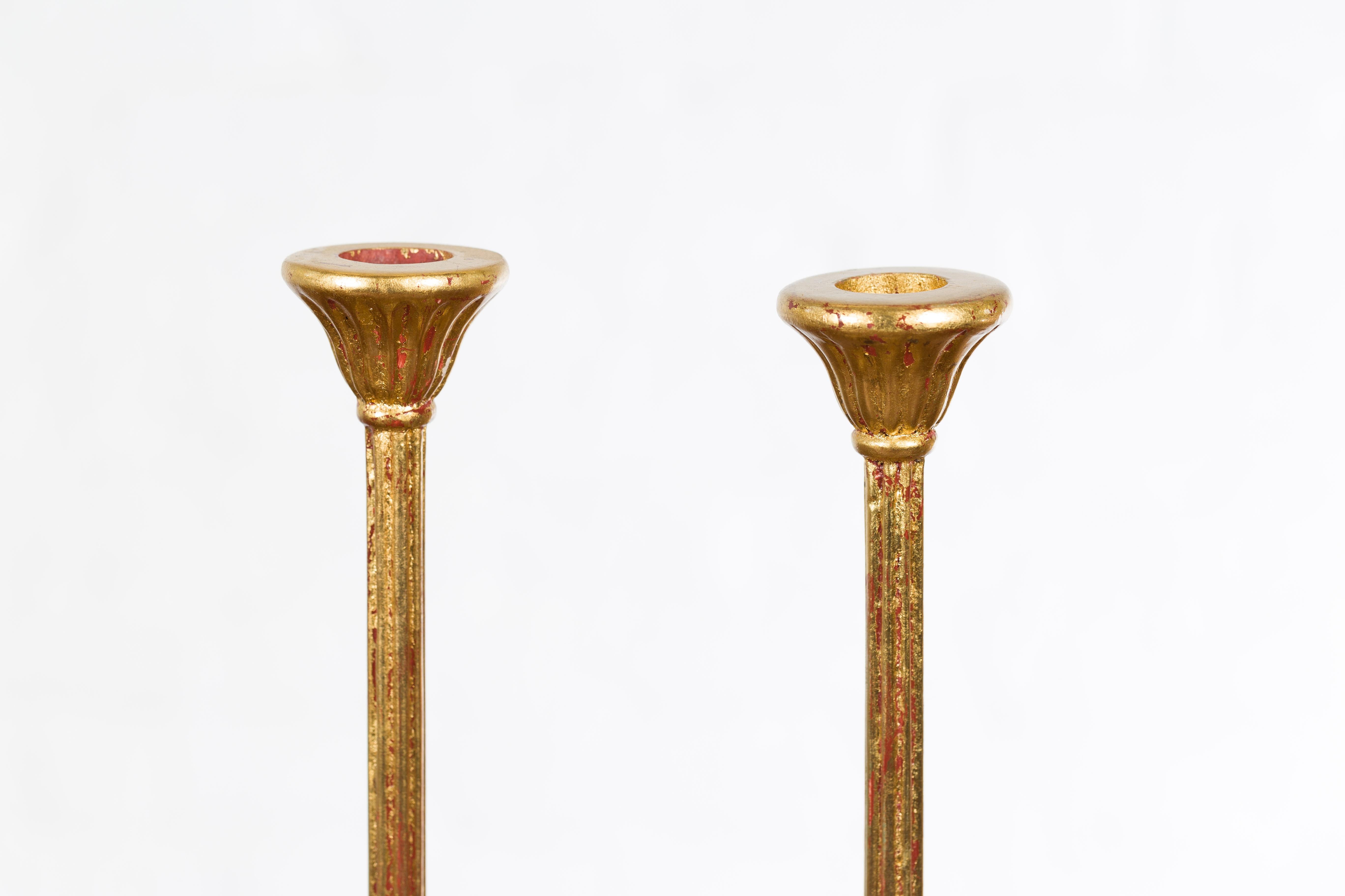 20th Century Pair of Japanese Hinamatsuri Gold Lacquered Candleholders with Lotus Bobèches For Sale