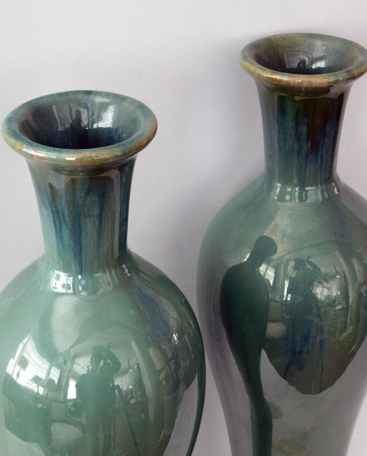 Mid-20th Century Pair of Japanese Hokkaido Doki Baluster-from Celadon Glazed Vases