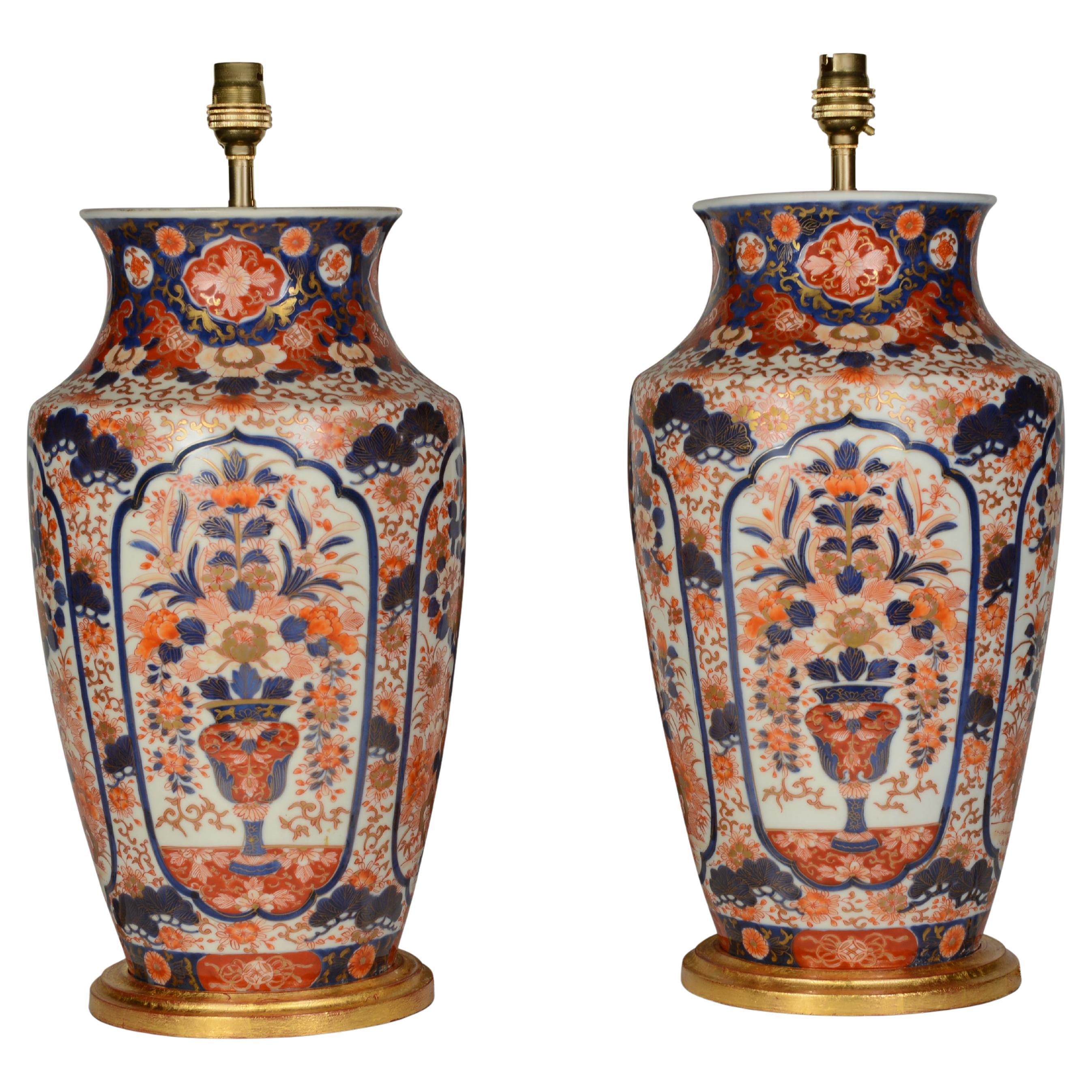 Pair of Japanese Imari Blue and Red 19th Century Porcelain Baluster Table Lamps