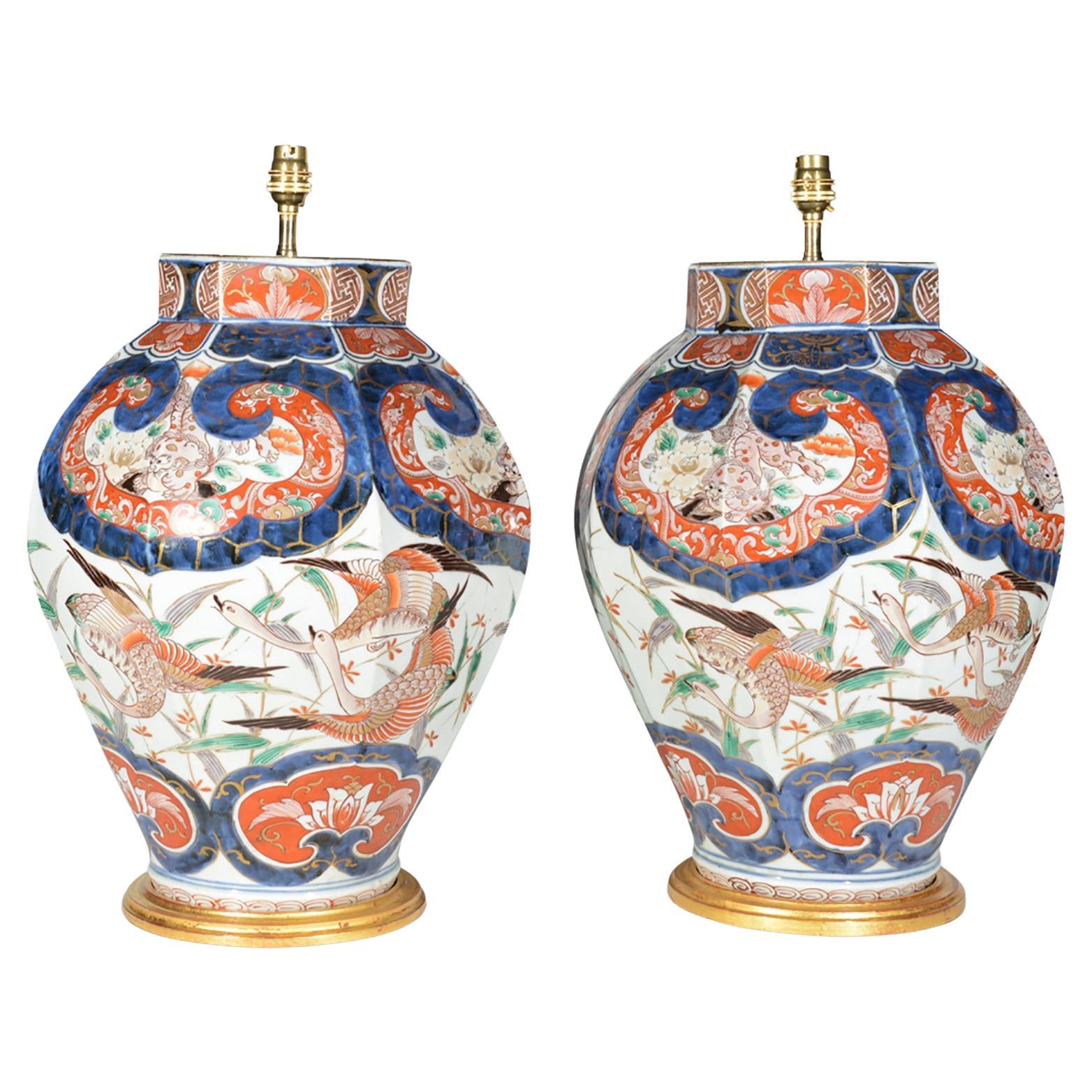 Pair of Japanese Imari Blue and Red Porcelain Table Lamps
