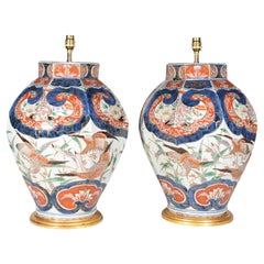 Pair of Japanese Imari Blue and Red Porcelain Table Lamps