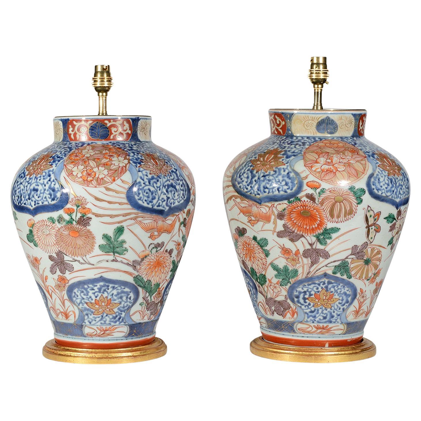 Pair of Japanese Imari Blue and Red 18th Century Antique Porcelain Table Lamps For Sale