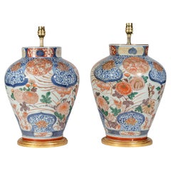 Pair of Japanese Imari Blue and Red 18th Century Antique Porcelain Table Lamps