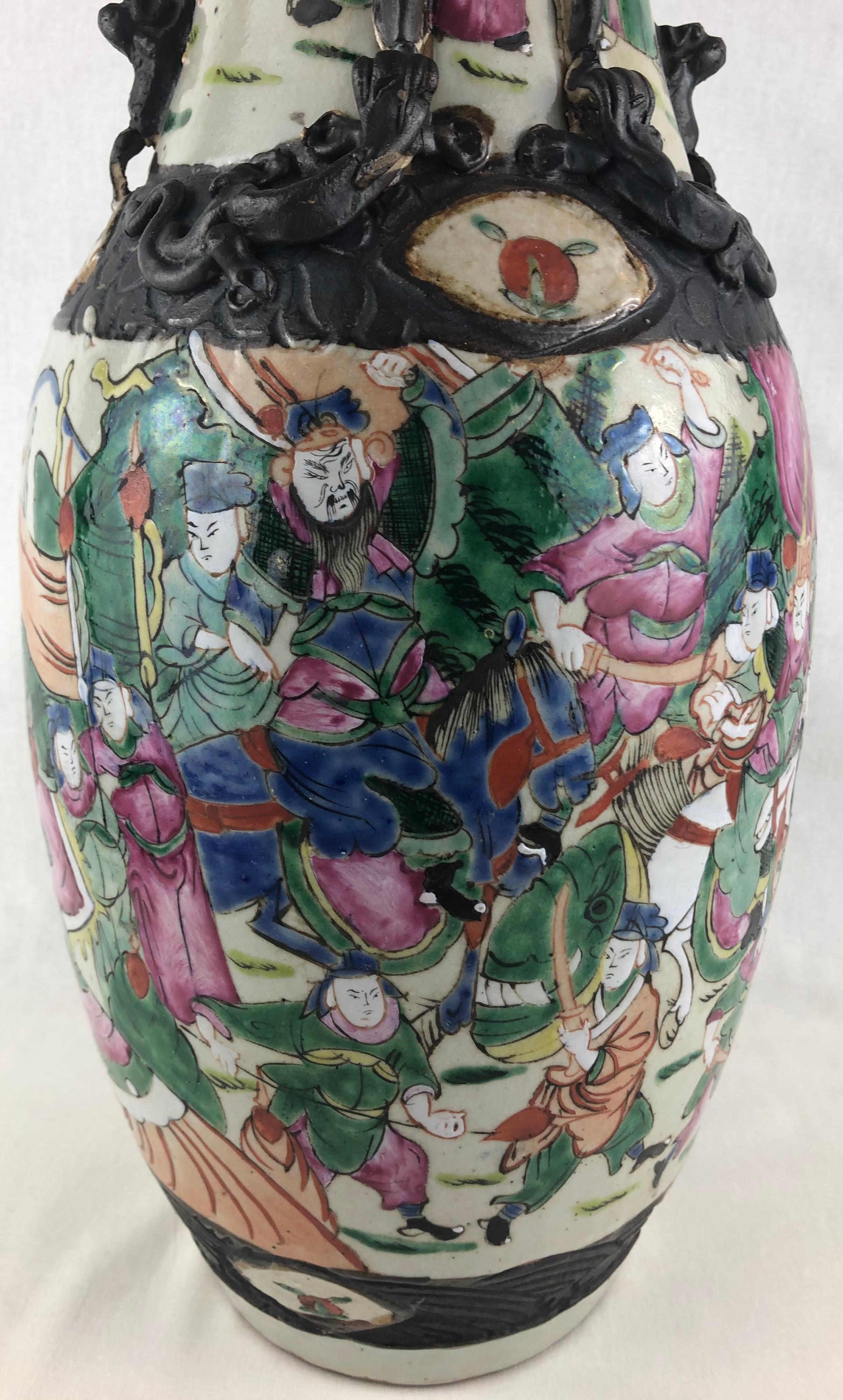 Ceramic Pair of Japanese Imari Foo Lions Warrior Crackle Ware Vases, Signed For Sale
