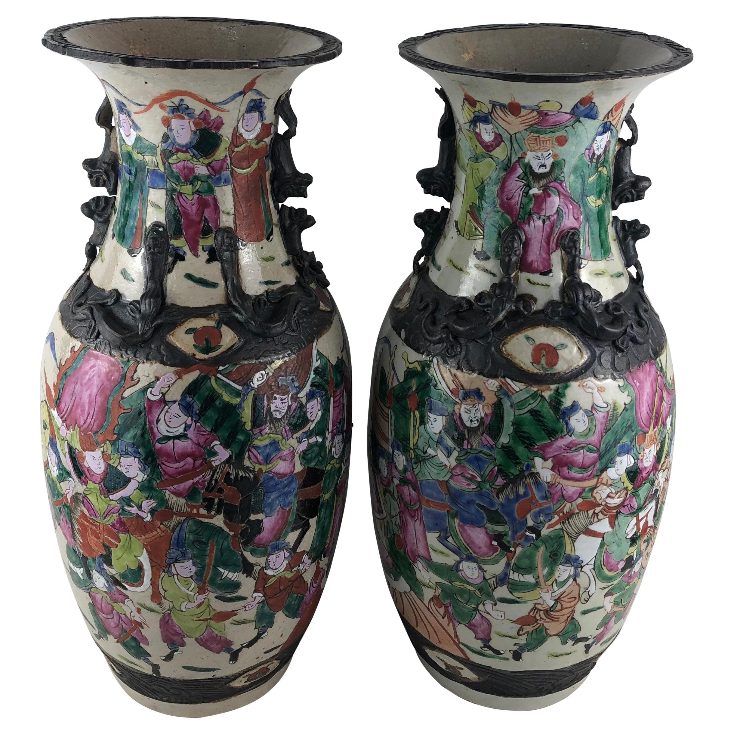 Pair of Japanese Imari Foo Lions Warrior Crackle Ware Vases, Signed For Sale
