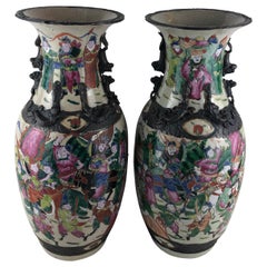 Pair of Japanese Imari Foo Lions Warrior Crackle Ware Vases, Signed
