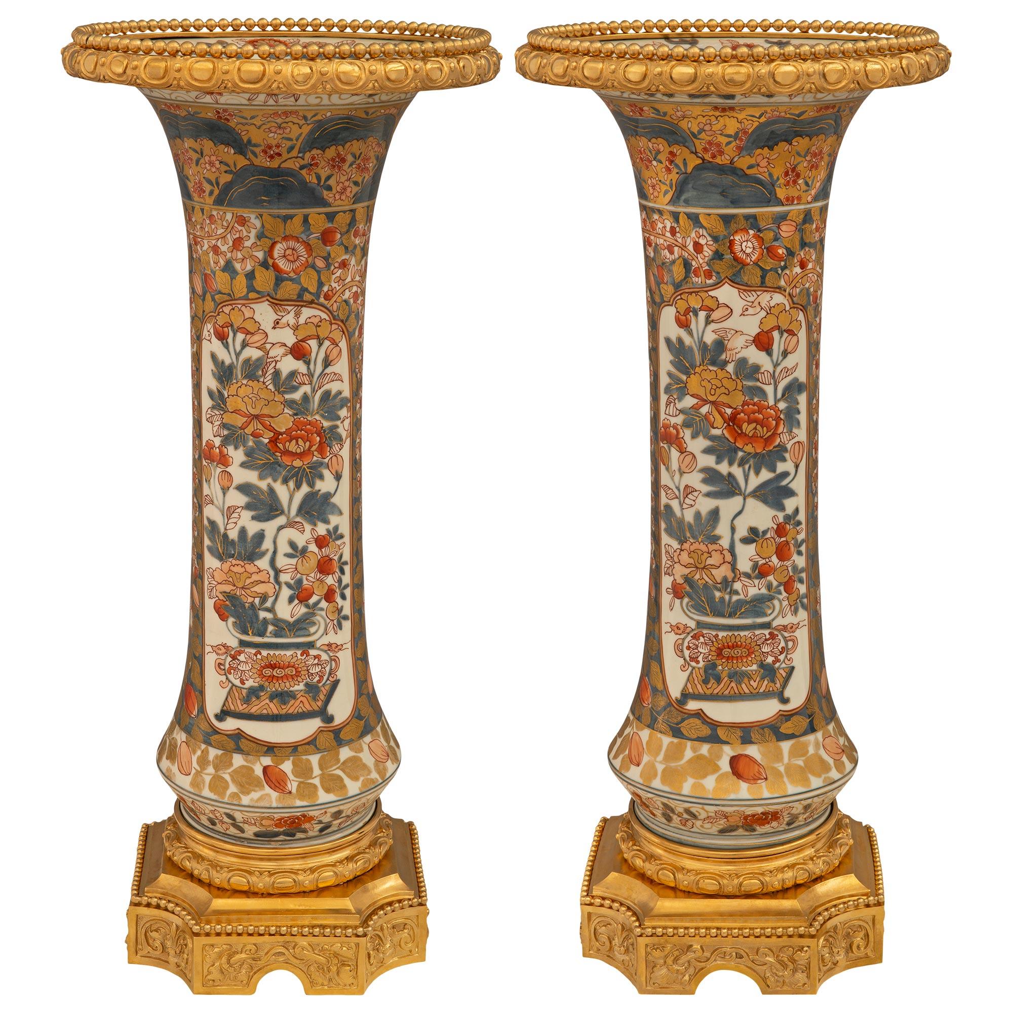 Pair Of Japanese Imari Porcelain & French Louis XVI St. Ormolu Vases In Good Condition For Sale In West Palm Beach, FL