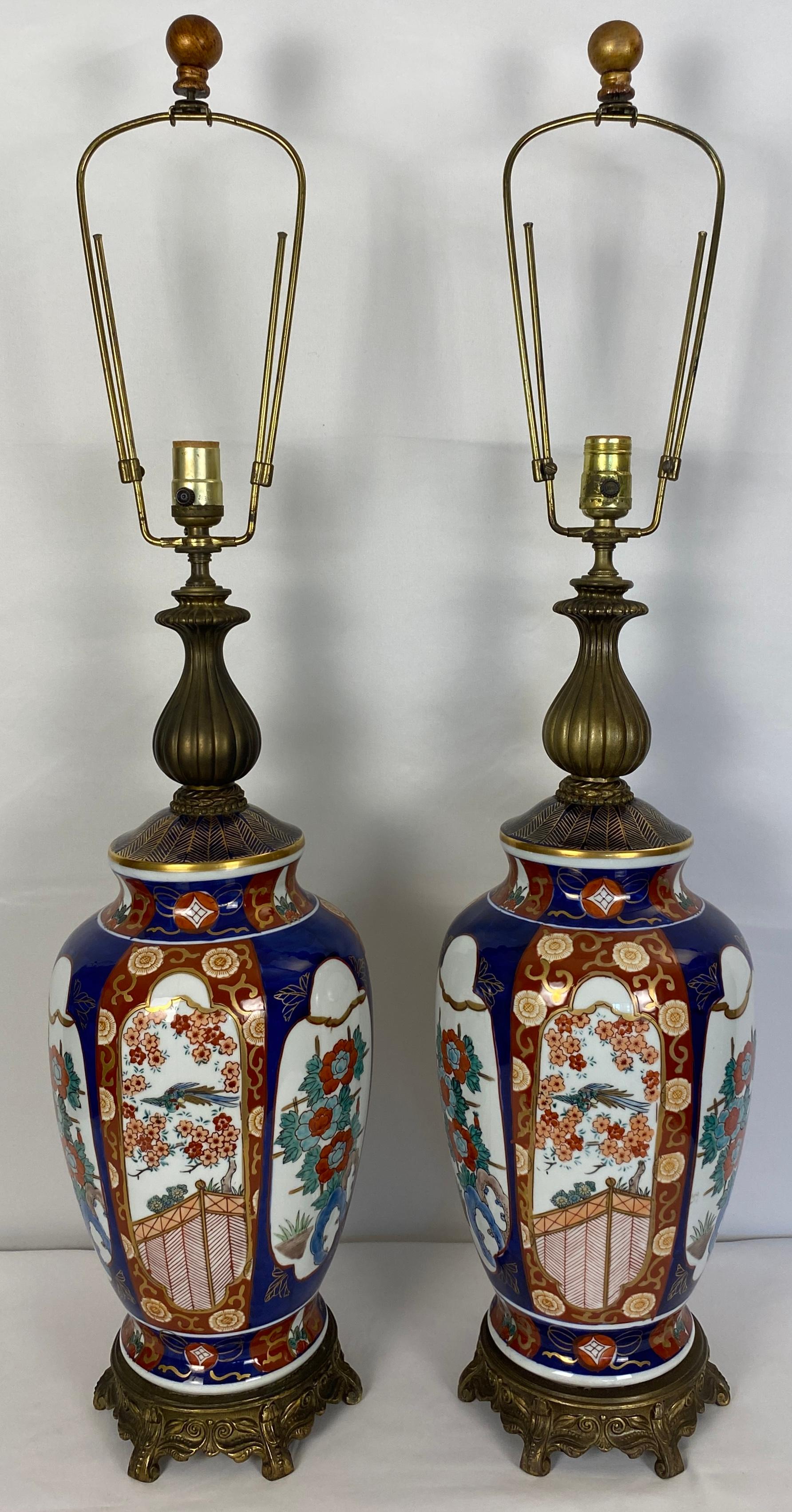 American Pair of Japanese Imari Porcelain Style Lamps, Signed For Sale