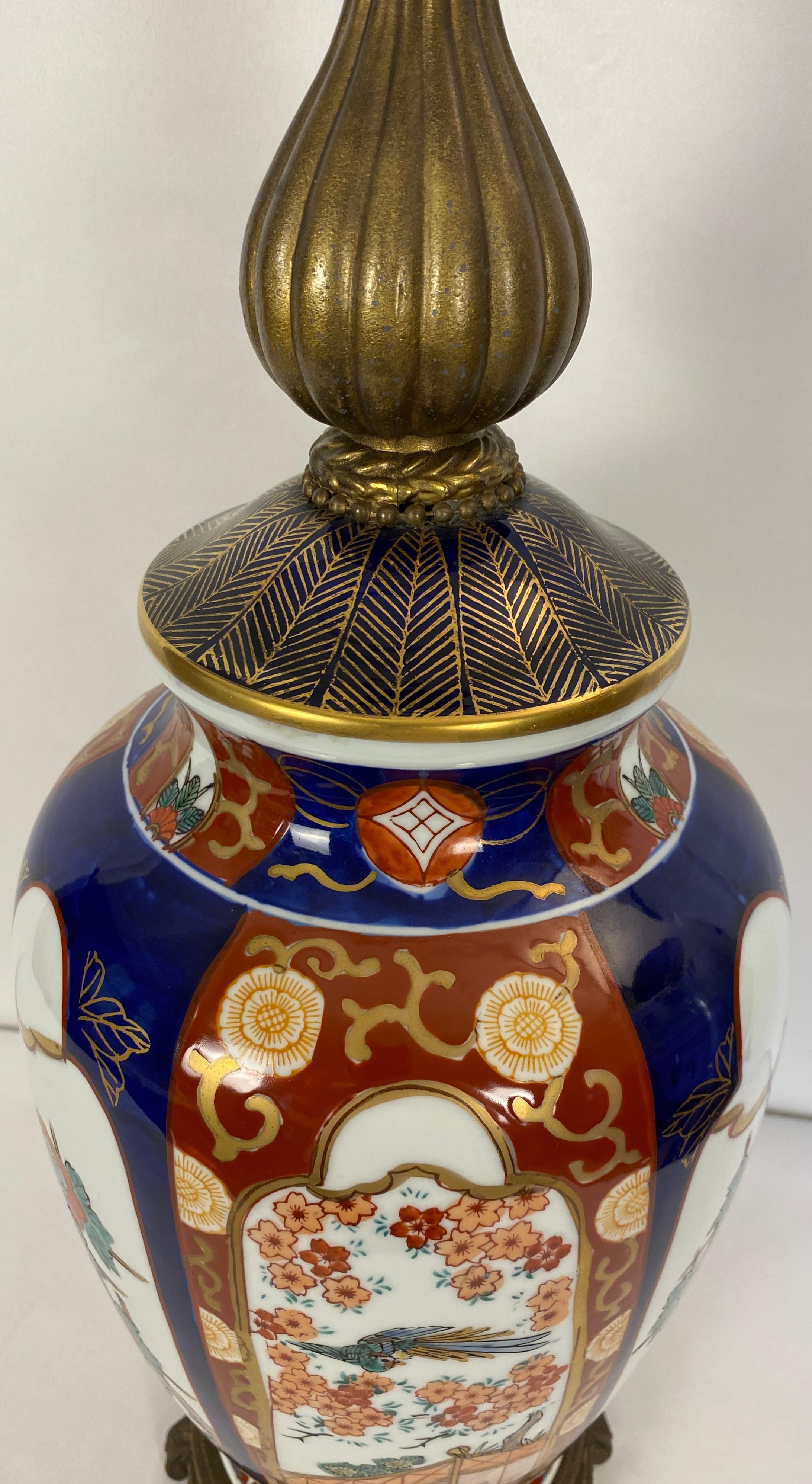 Hand-Painted Pair of Japanese Imari Porcelain Style Lamps, Signed For Sale