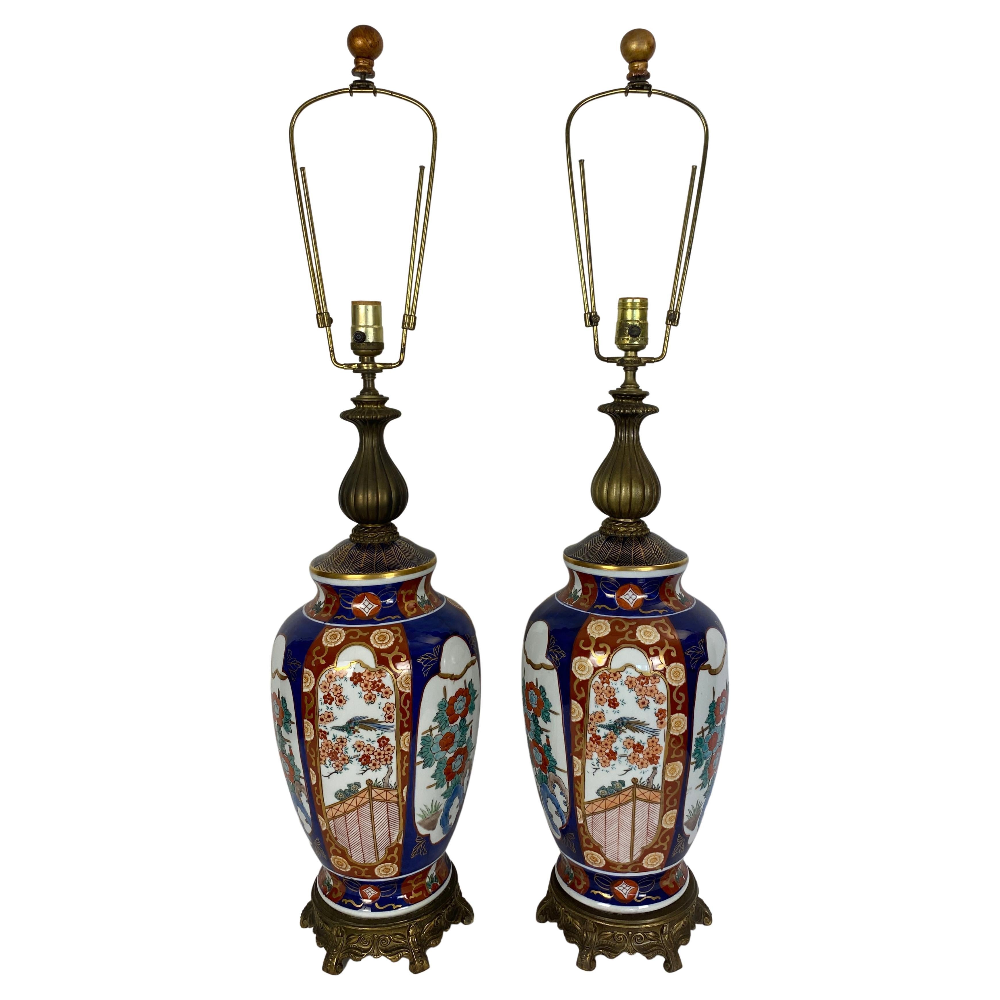 Pair of Japanese Imari Porcelain Style Lamps, Signed