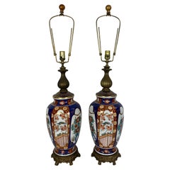 Pair of Japanese Imari Porcelain Style Lamps, Signed