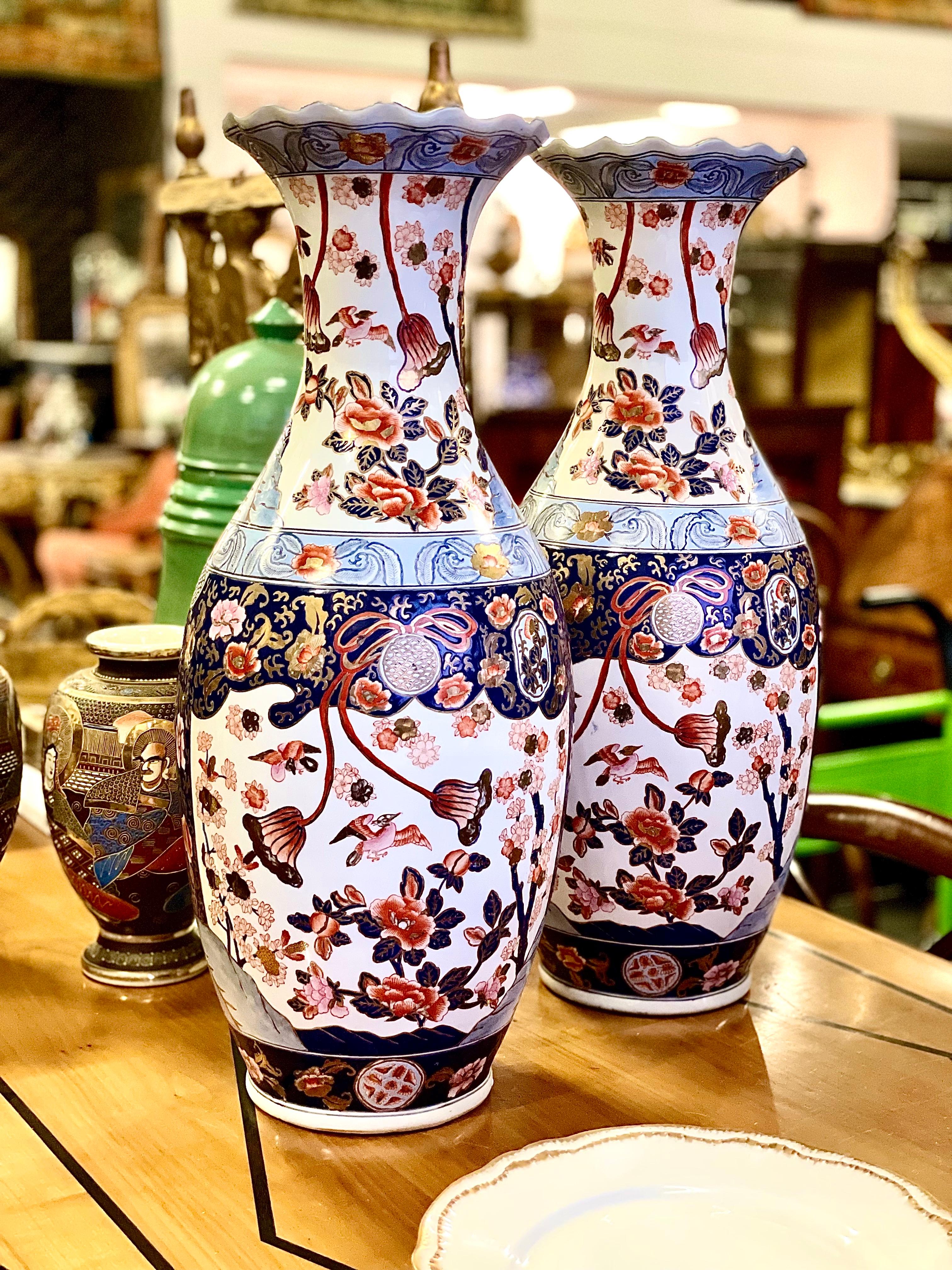 Pair of Tall Japanese Imari Vases with Crimped Rims  1