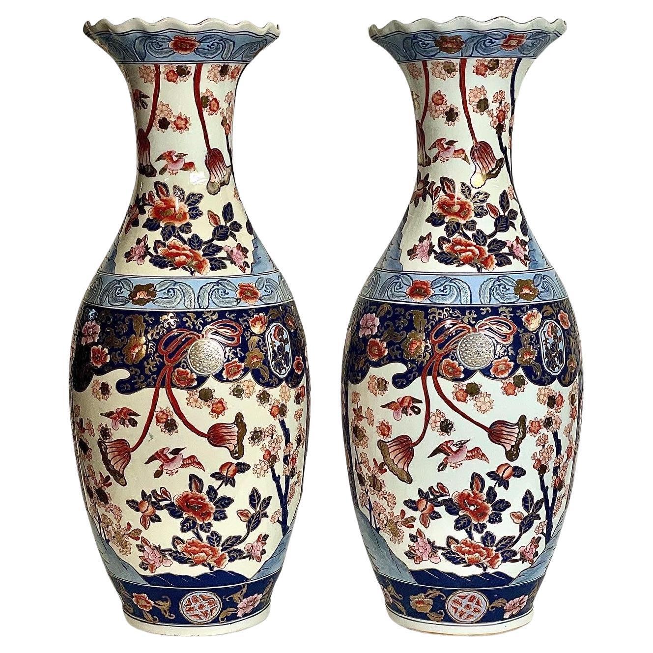 Pair of Tall Japanese Imari Vases with Crimped Rims 