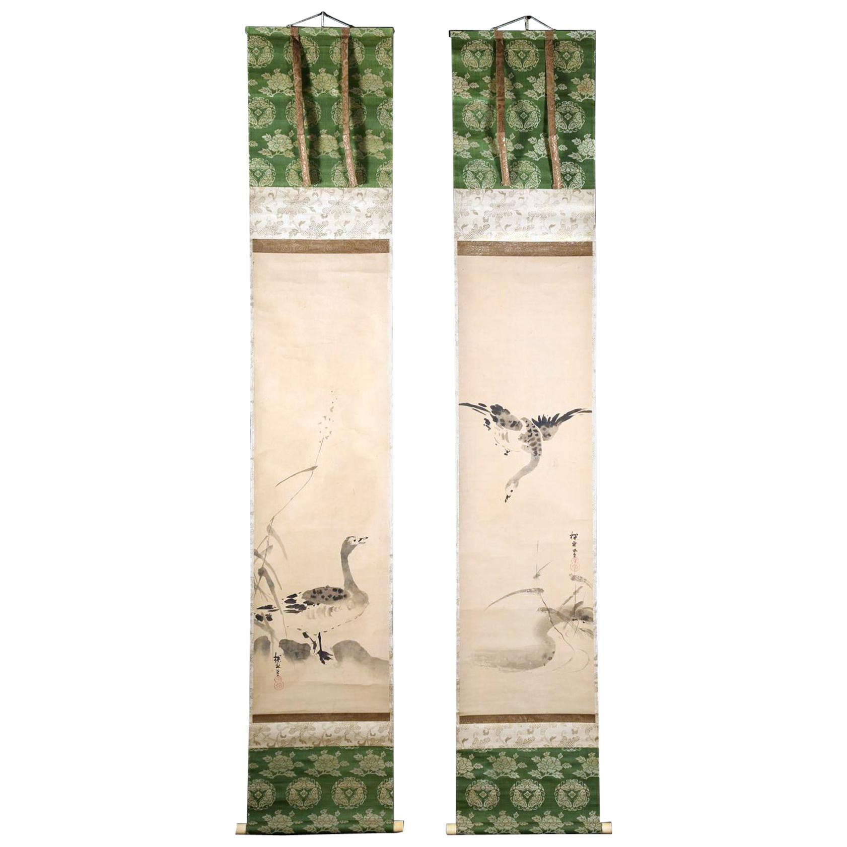 Paar japanische hängende Schriftrollen mit Tusche Kano Tanyu