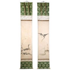 Antique Pair of Japanese Ink Hanging Scrolls Kano Tanyu