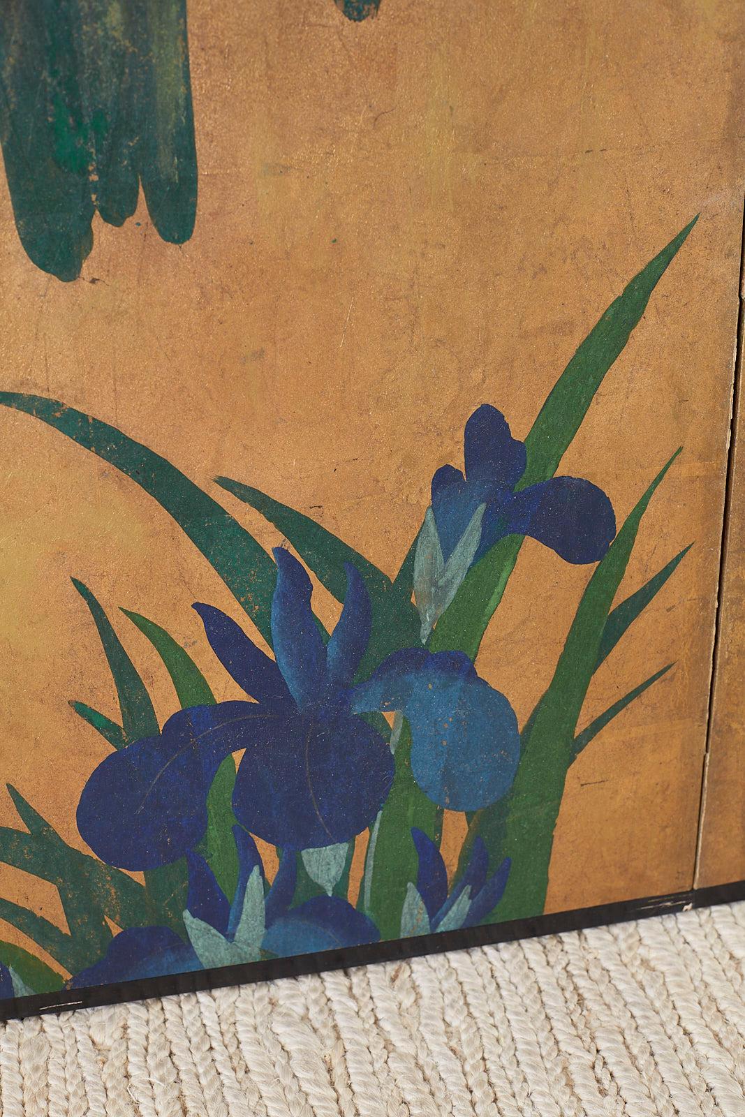 Paper Pair of Japanese Iris Screens on Gilt After Ogata Korin