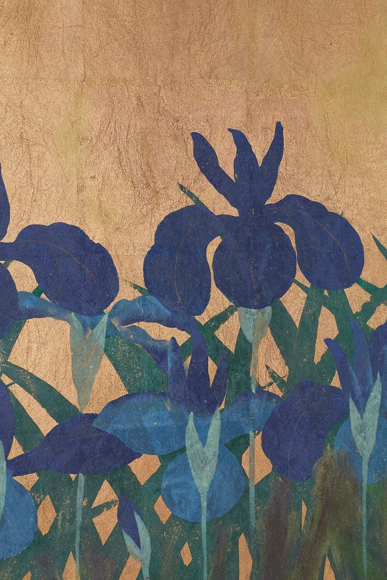 Pair of Japanese Iris Screens on Gilt After Ogata Korin For Sale at 1stDibs